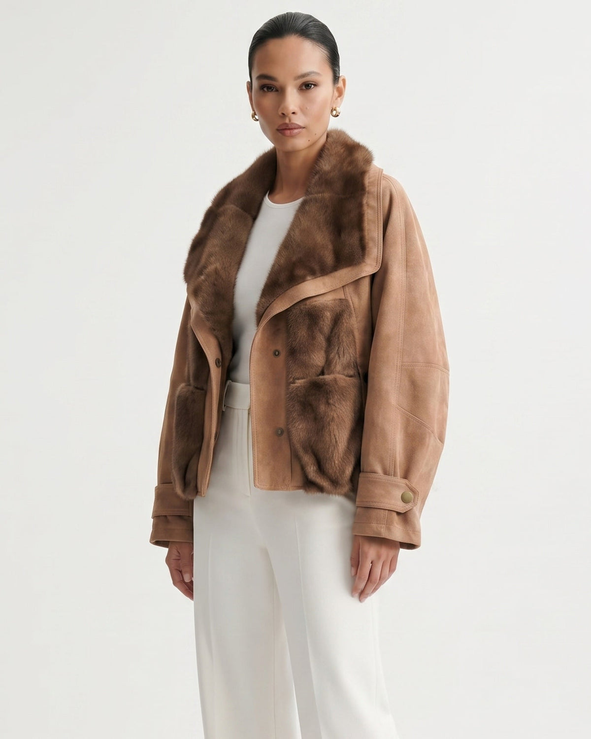 Goose Down Short Suede Coat with Integrated Trim Detailing – view 6