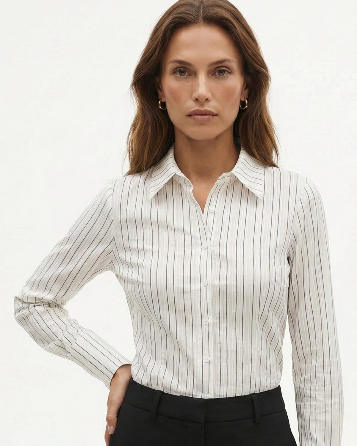 Dina Slim Fit Striped Long Sleeve Shirt with Point Collar