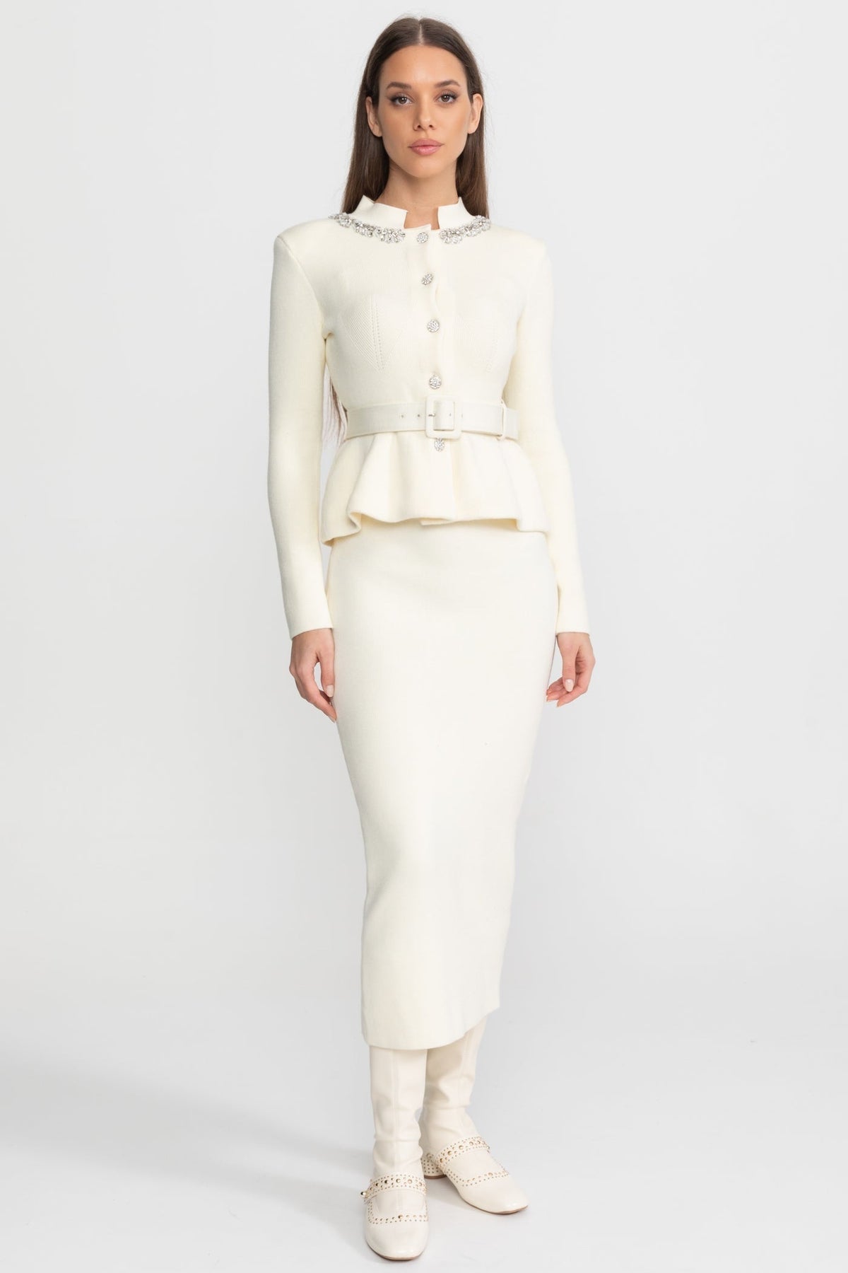 Structured Knit Peplum Midi Dress with Crystal Collar and Belt – Ivory – view 8