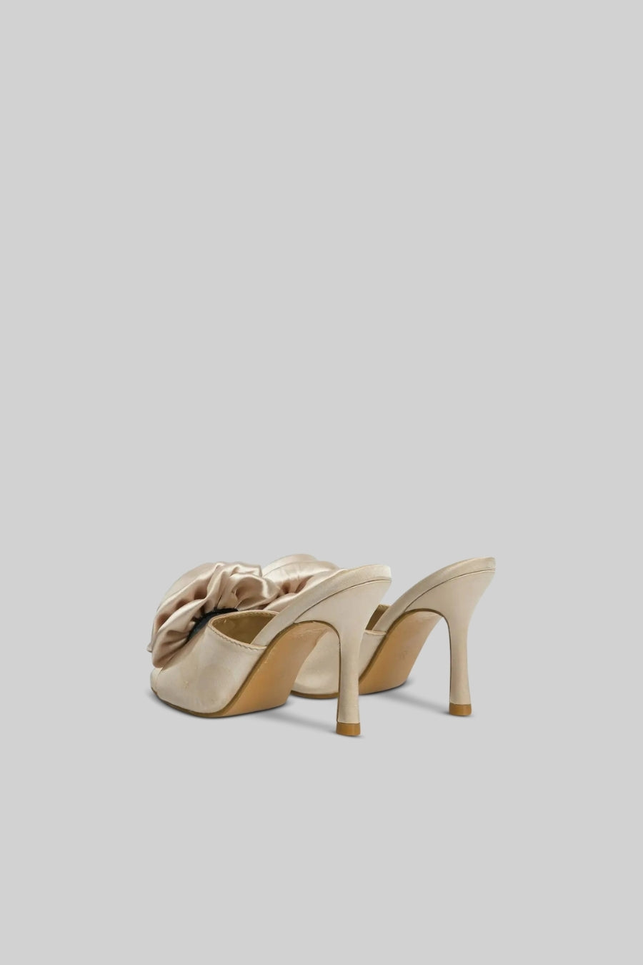Satin Heeled Sandals with Flower Pom Pom Detail – Beige – view 3