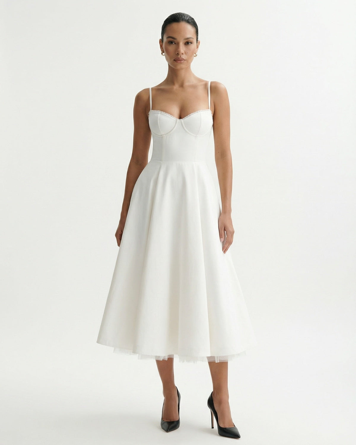 Giulia Duchess Satin Midi Dress with Tulle Underskirt – Ivory White