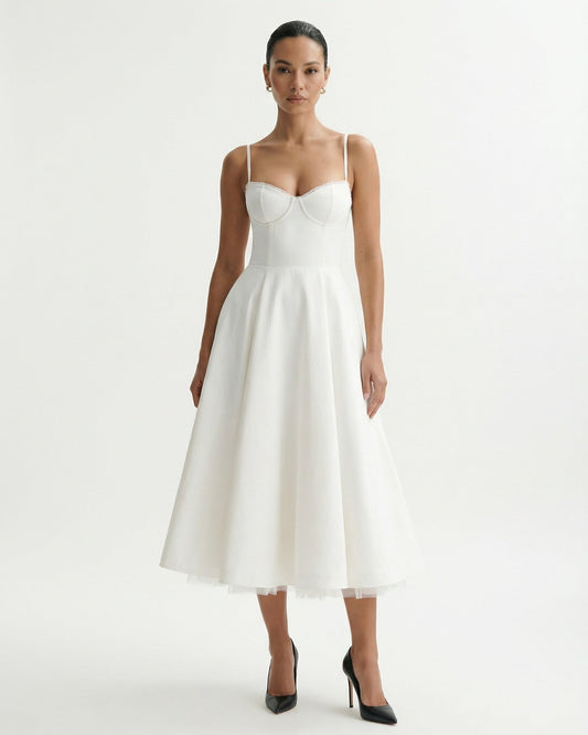 Giulia Duchess Satin Midi Dress with Tulle Underskirt – Ivory White