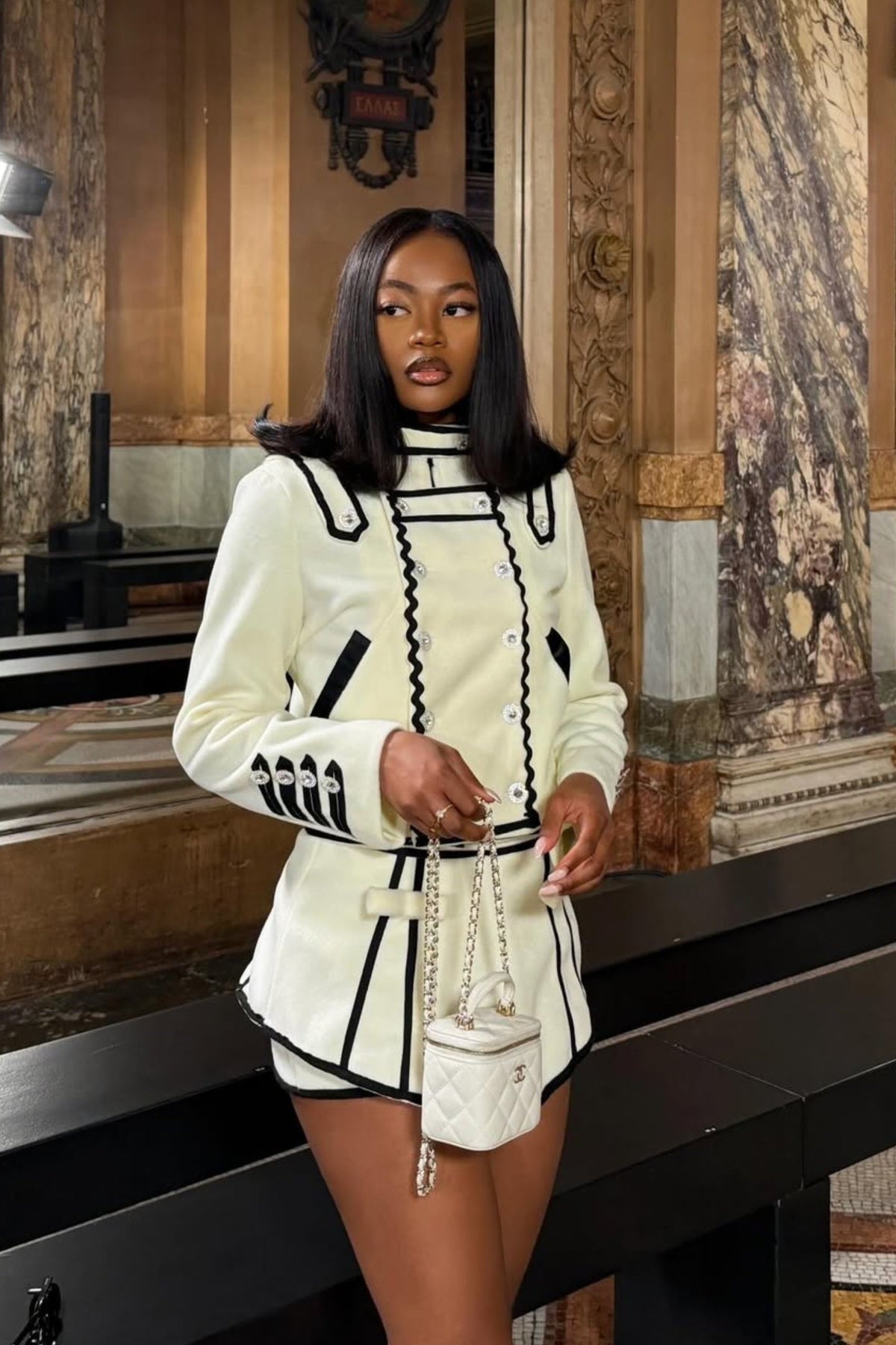 Contrast Trim Cropped Jacket and Mini Skirt Set with Crystal Buttons – Ivory – view 7
