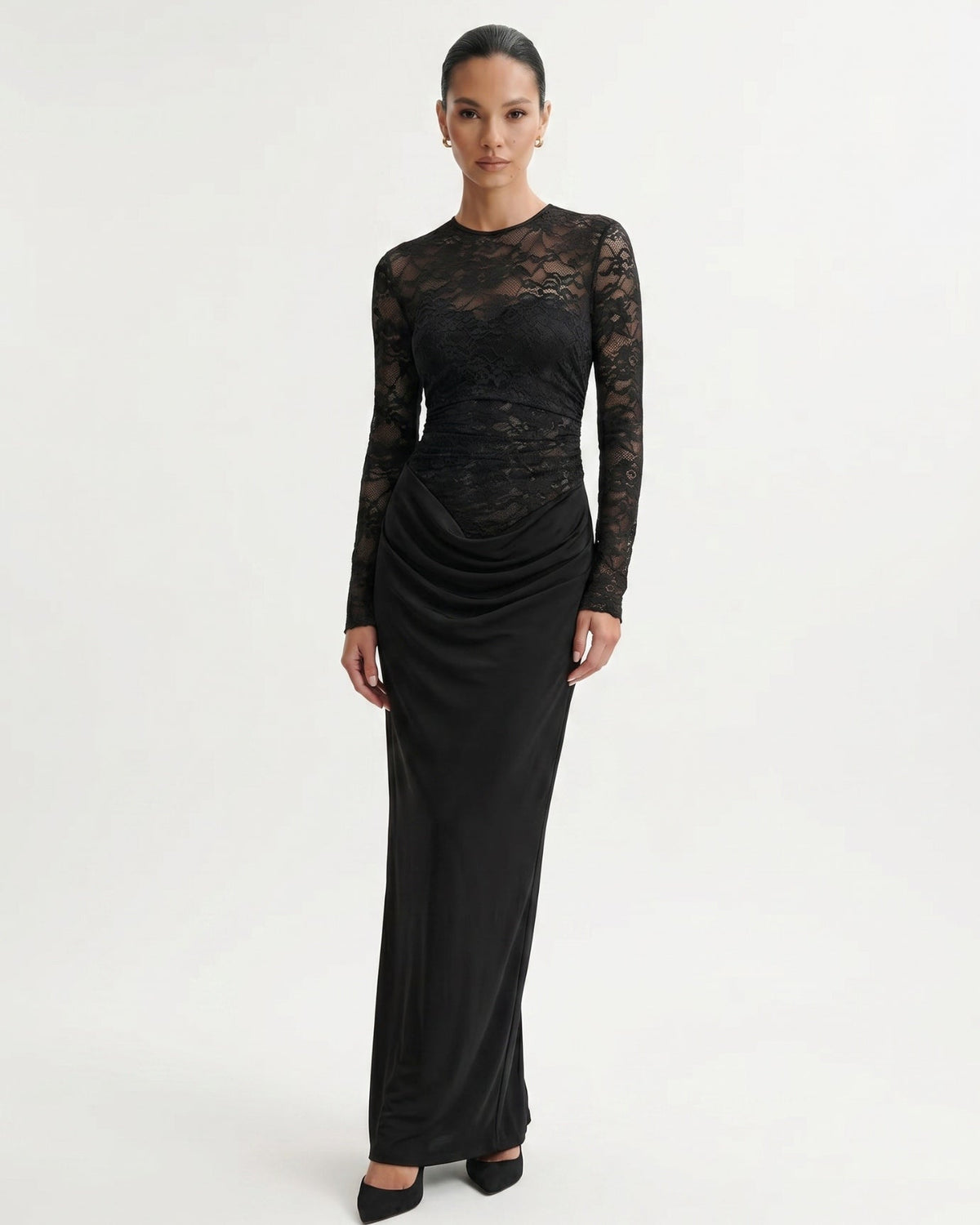 Lace Panelled Stretch Dress with Sheer and Opaque Contrast