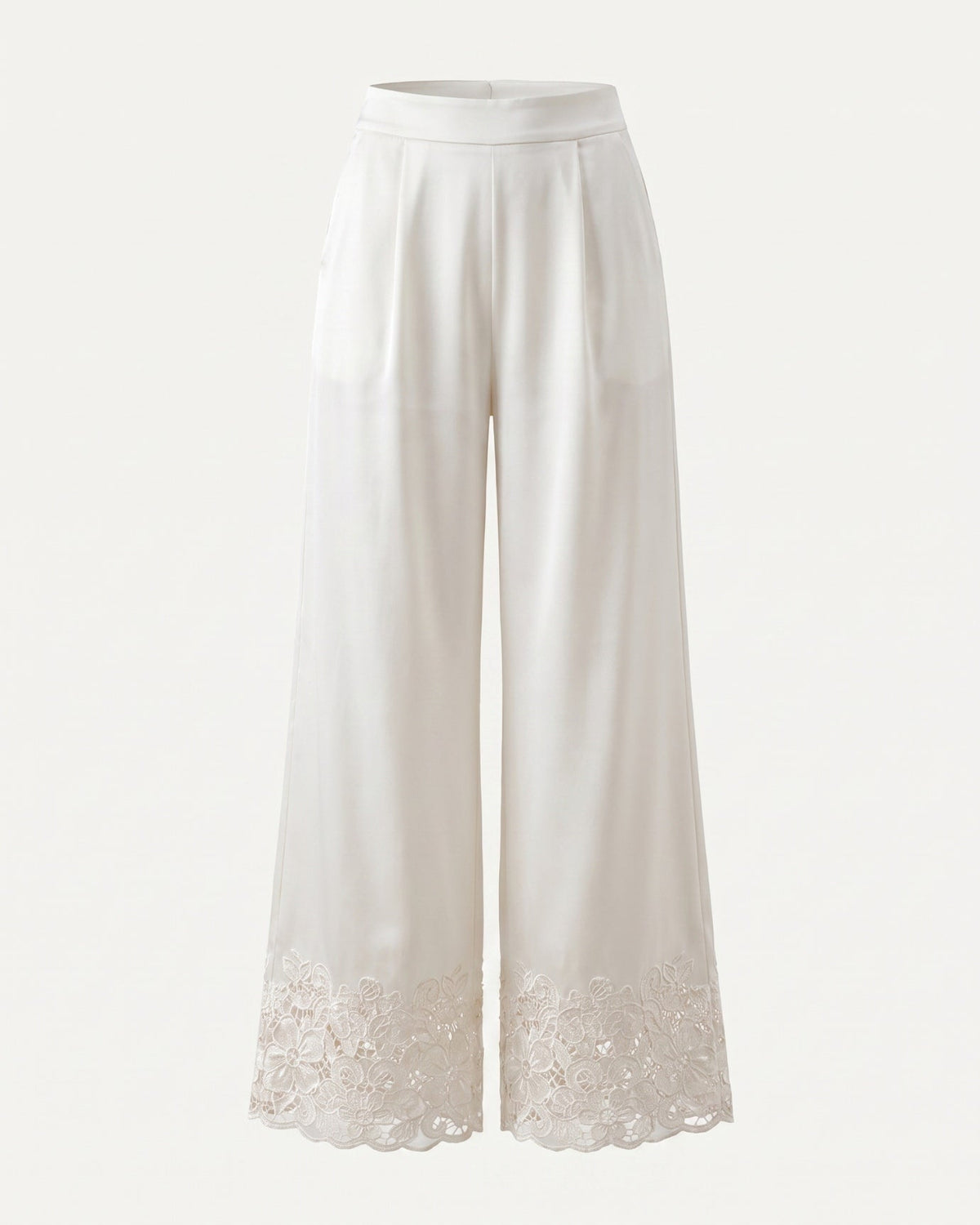 Jenny Embroidered Acetate Satin Wide Leg Trousers – Beige – view 1