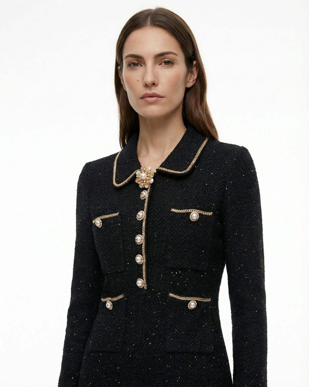 Pleated Wool Blend Dress with Diamond Buckle and Lace Accents