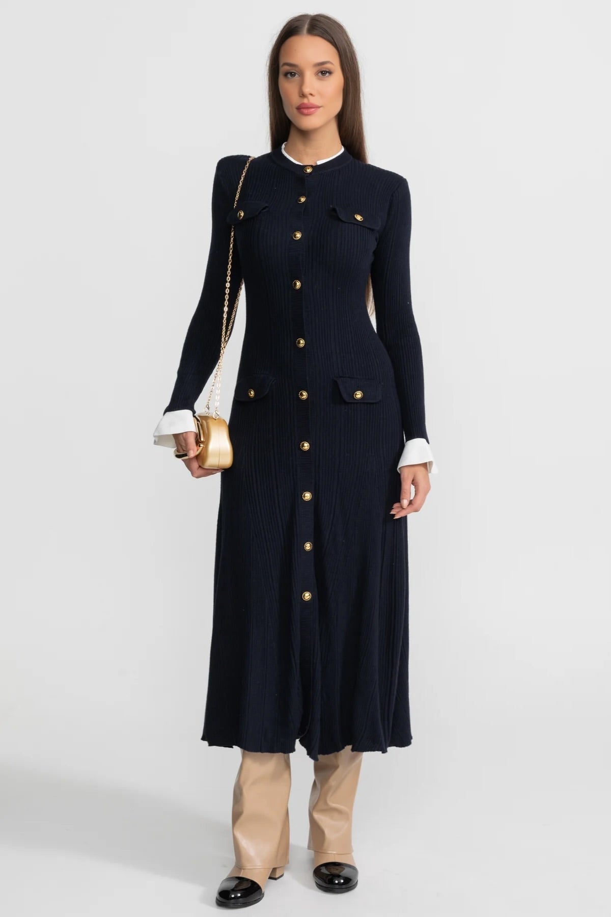 Long Sleeve Ribbed Knit Midi Dress with Gold Buttons and Belt – Dark Blue – view 1