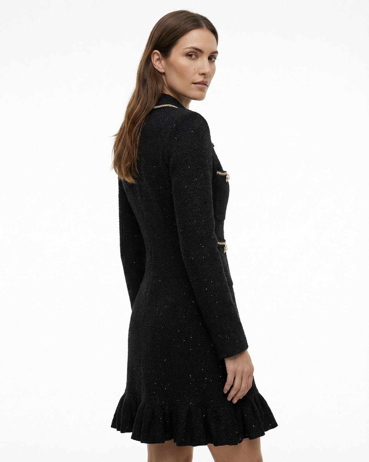 Pleated Wool Blend Dress with Diamond Buckle and Lace Accents