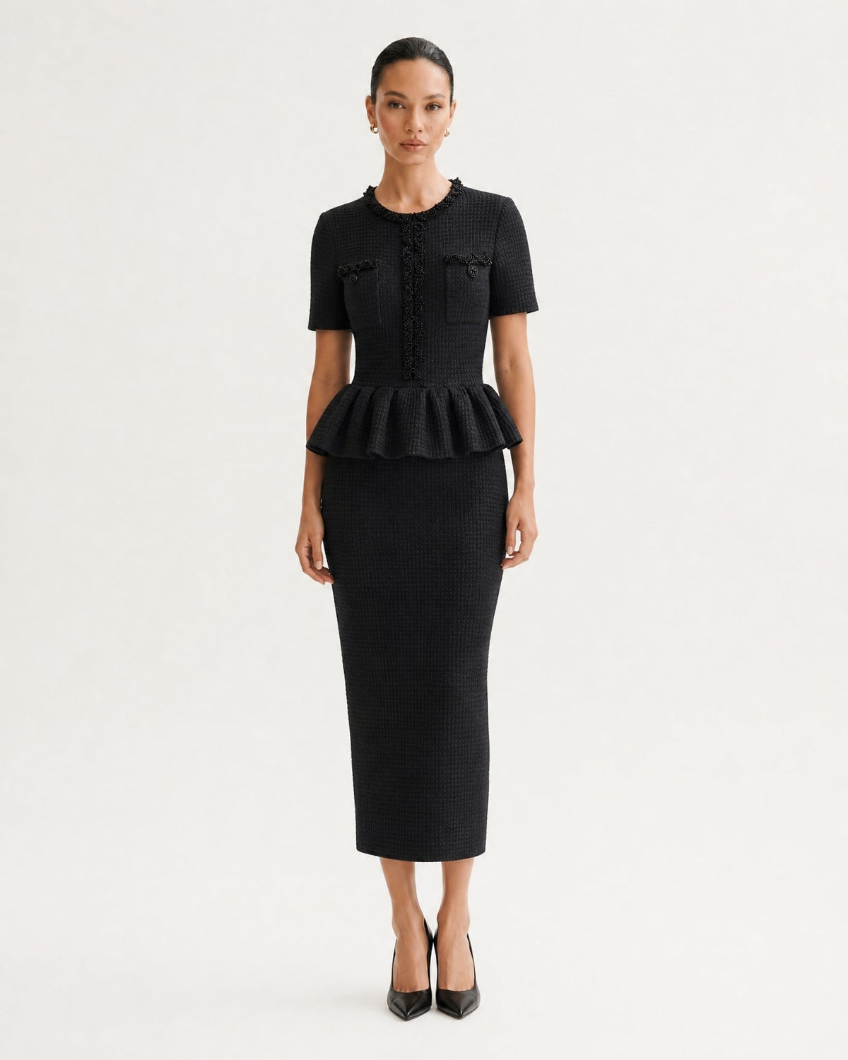 Embellished Short Sleeve Fitted Viscose Knit Midi Dress – view 2