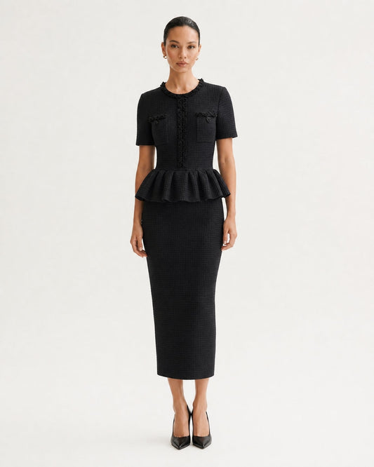 Embellished Short Sleeve Fitted Viscose Knit Midi Dress – view 2