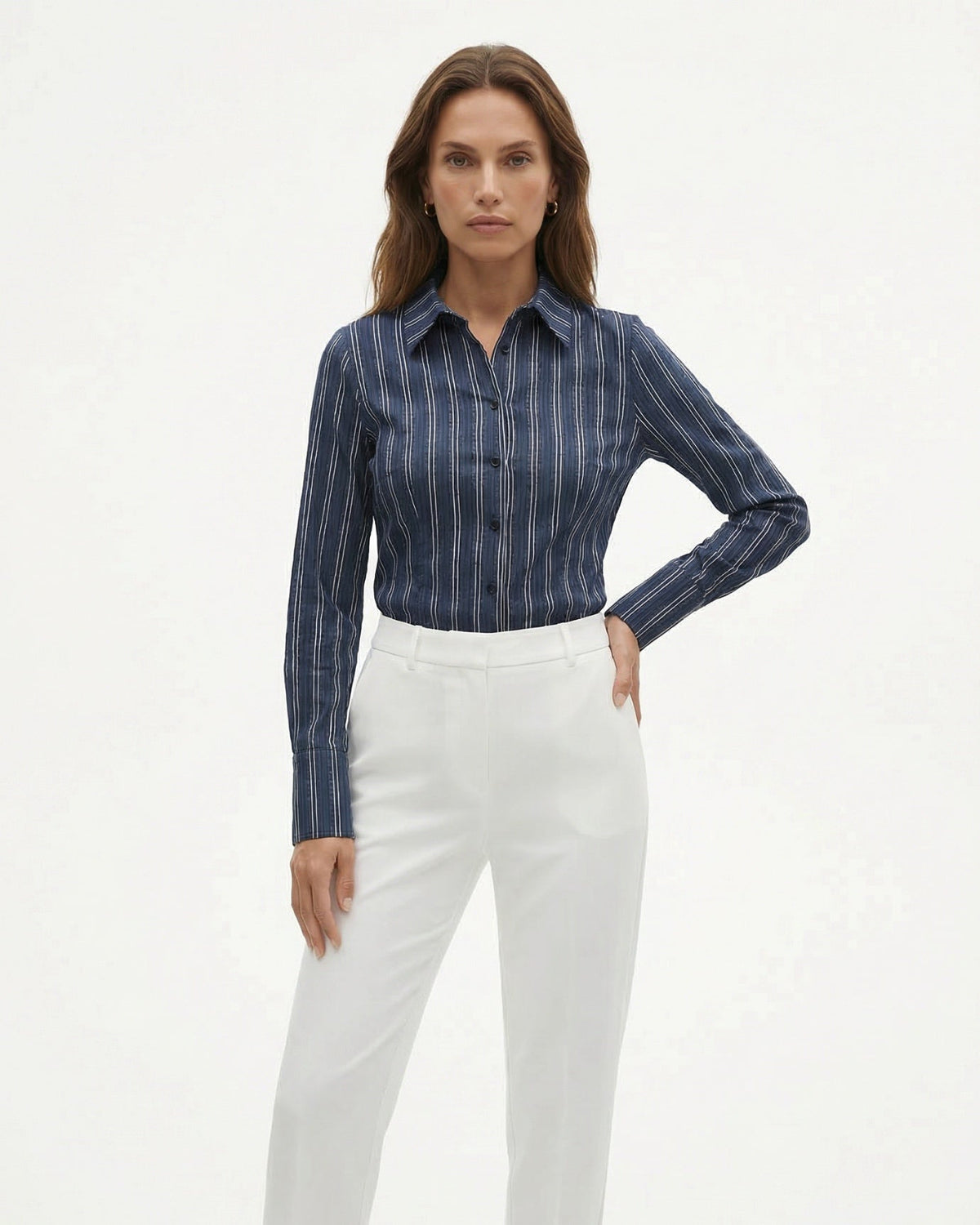 Dina Slim Fit Striped Long Sleeve Shirt with Point Collar