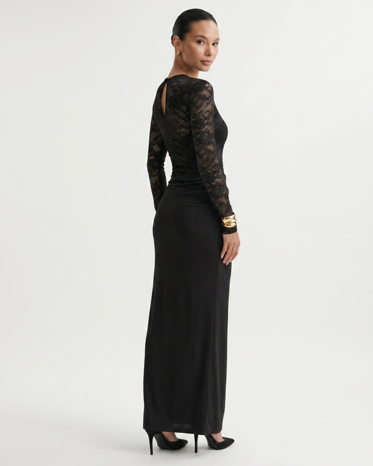 Lace Panelled Stretch Dress with Sheer and Opaque Contrast – view 6