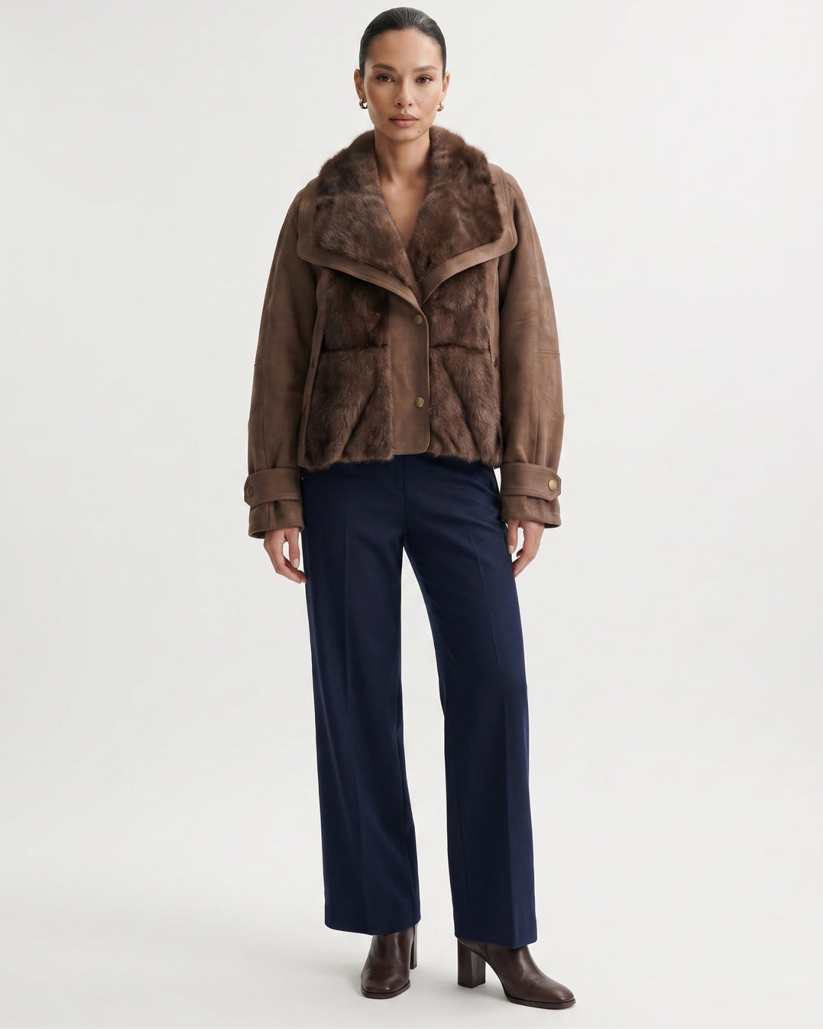 Goose Down Short Suede Coat with Integrated Trim Detailing