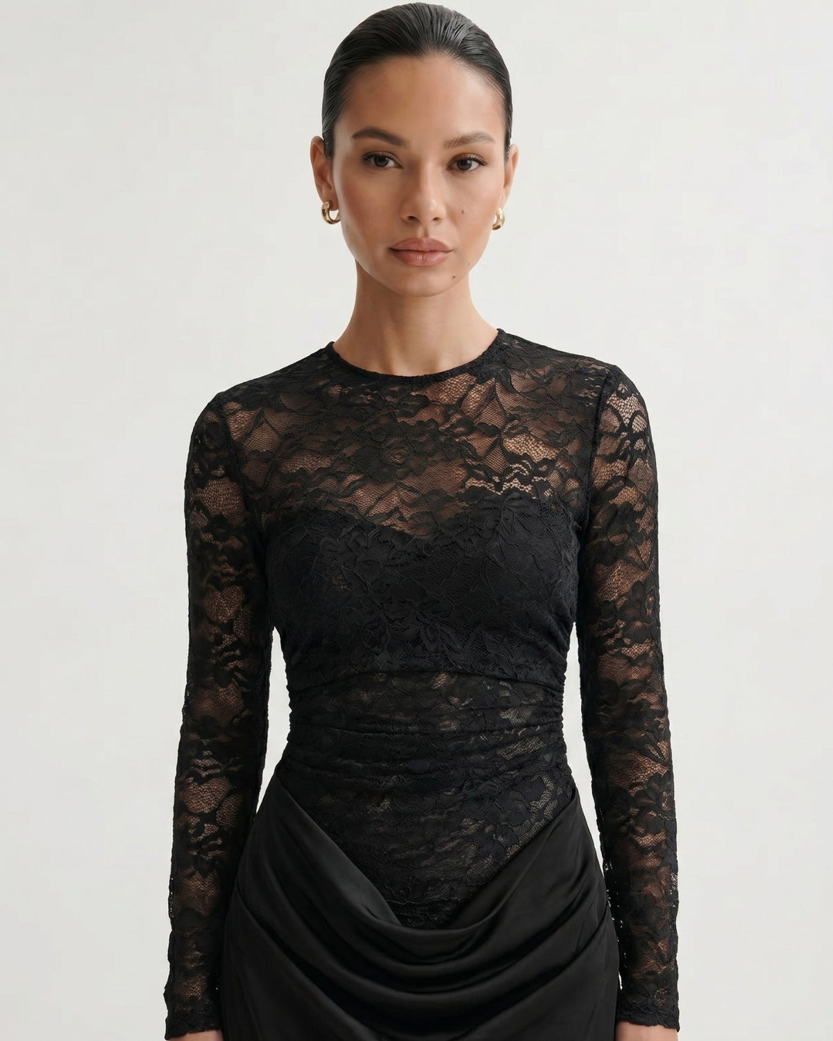Lace Panelled Stretch Dress with Sheer and Opaque Contrast – view 7