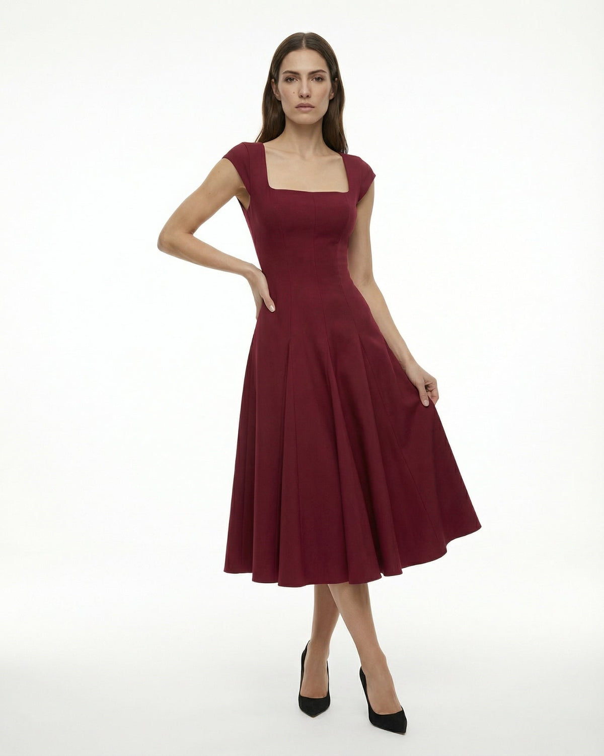 Olivia Classic Square Neck Waist Tie Midi Dress – view 2