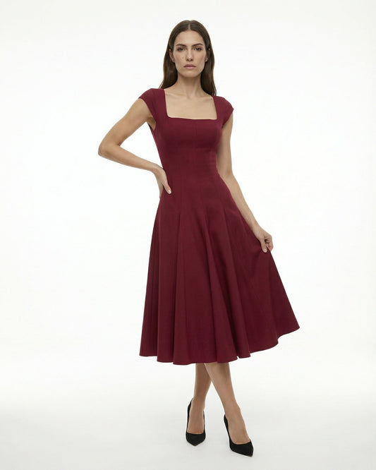 Olivia Classic Square Neck Waist Tie Midi Dress – view 2