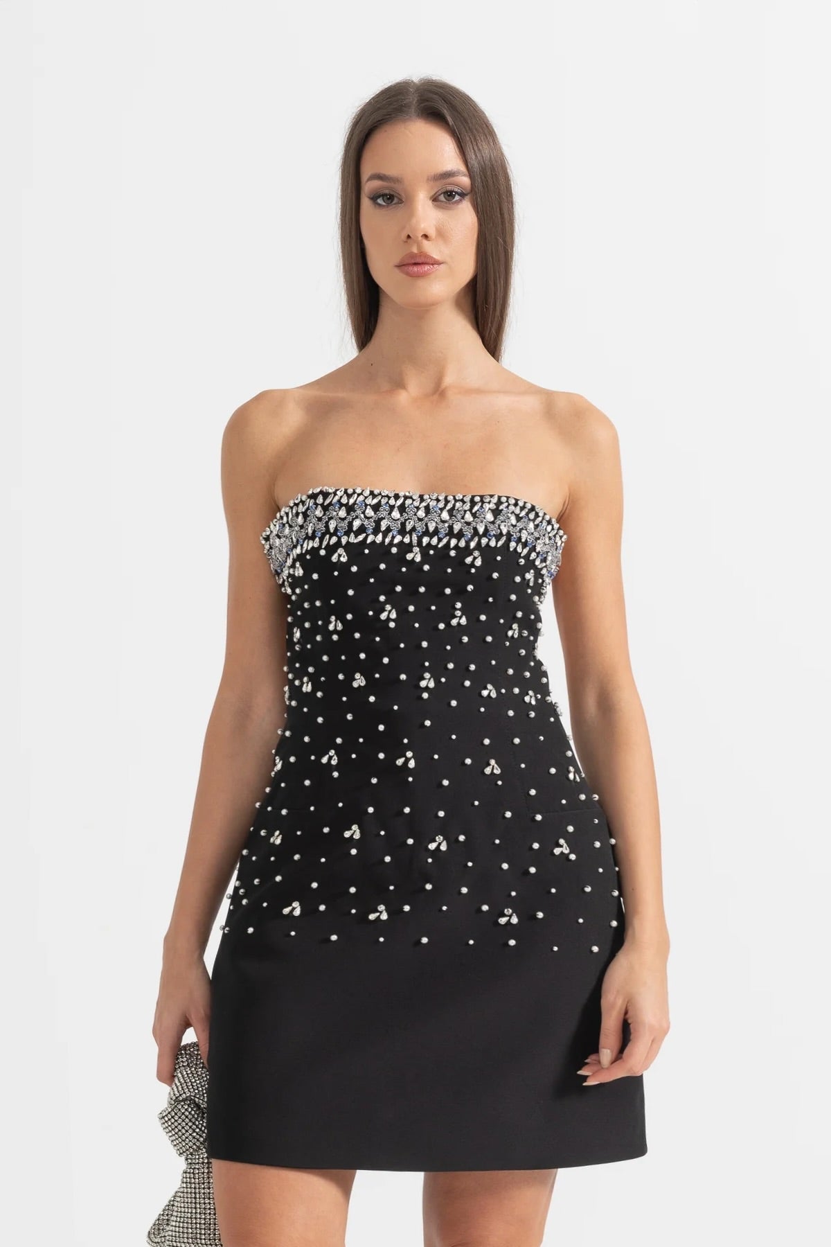 Strapless Crystal Embellished Fitted Mini Dress – Black – view 1