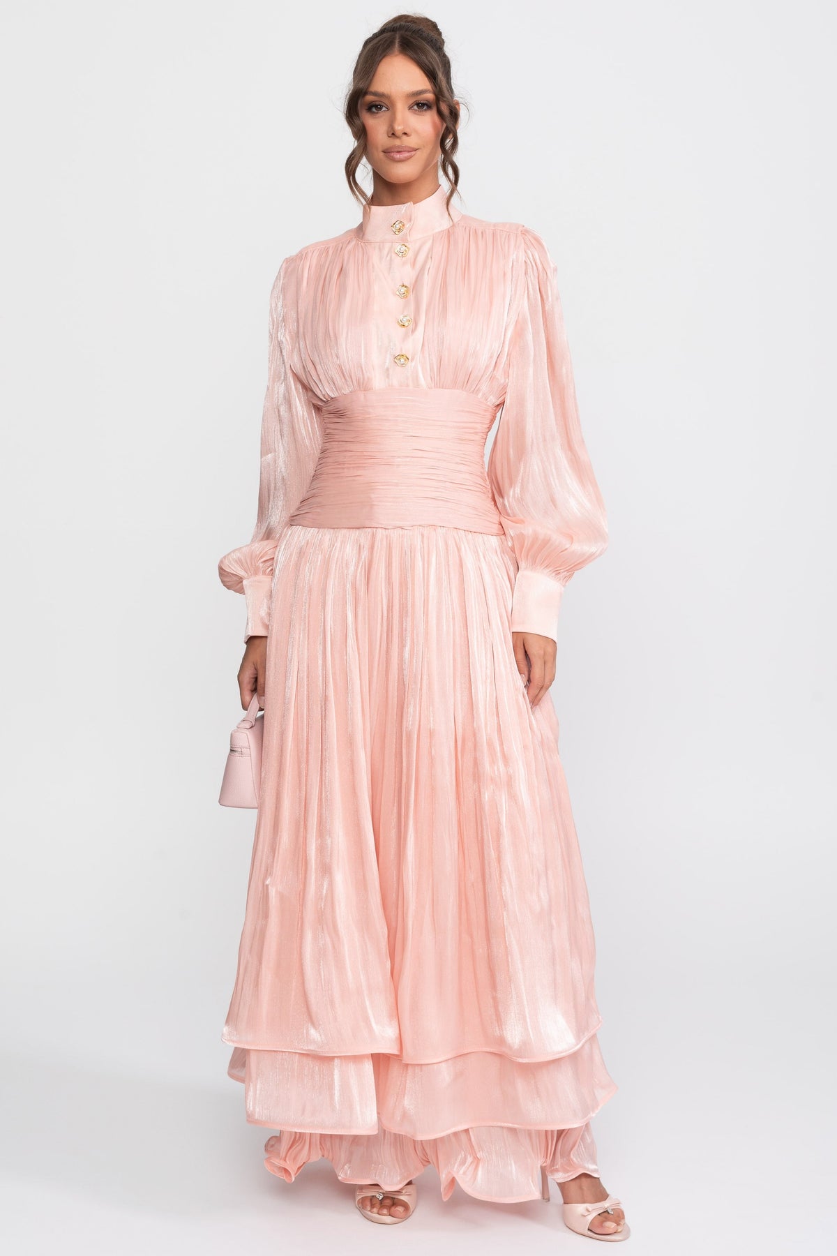 Balloon Sleeve Tiered Maxi Dress with Jewelled Rose Buttons – Peach