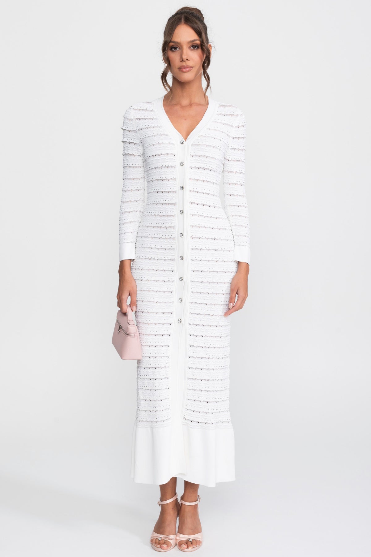 Textured Knit Maxi Cardigan Dress with Crystal Buttons – White – view 3