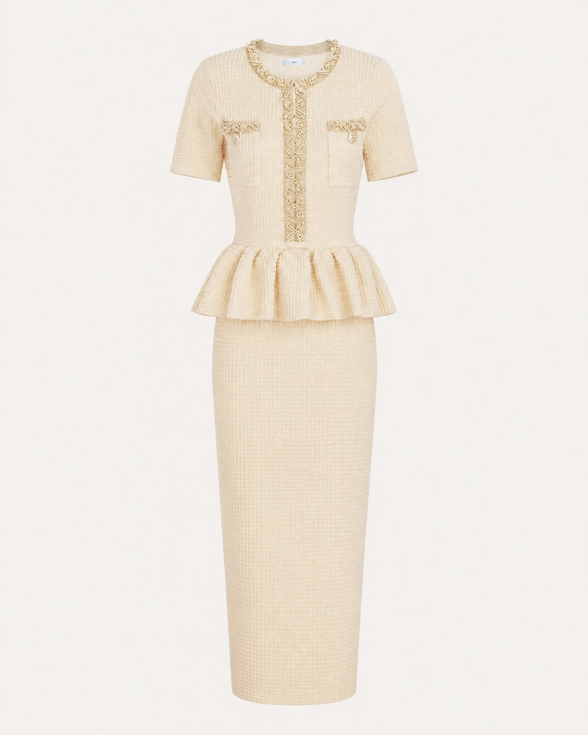 Embellished Short Sleeve Fitted Viscose Knit Midi Dress – view 13