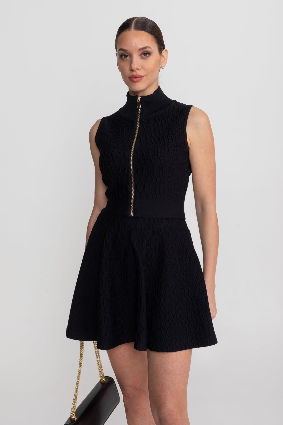 Jacquard Sleeveless High Neck Zip Top and Mini Skirt Set – Black – view 4