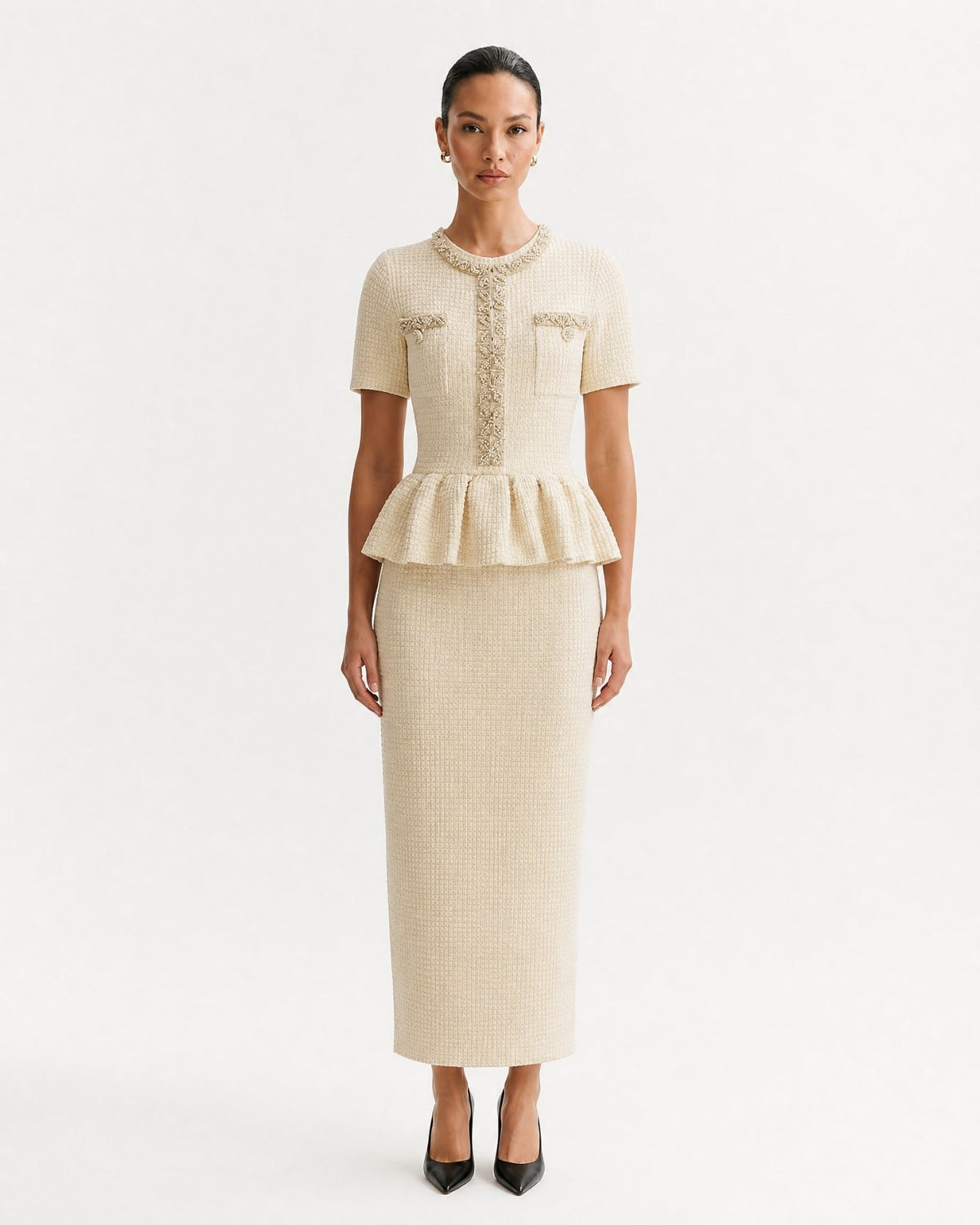 Embellished Short Sleeve Fitted Viscose Knit Midi Dress – view 14