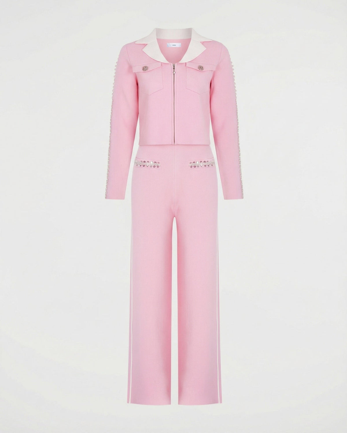 Sabrina Beaded Knitted Jacket and Trousers Co-ord Set – Pink – view 1