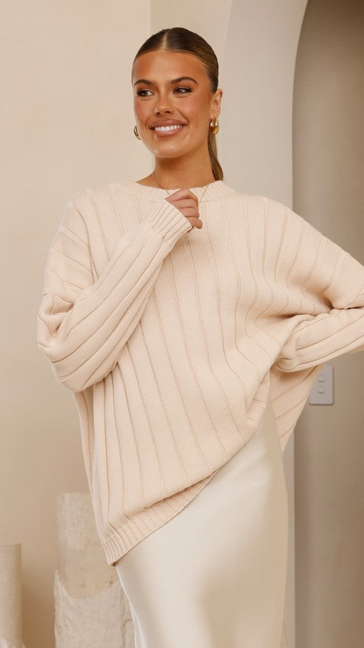 Naiva Oversized Wide Rib Crew Neck Cotton Jumper – Cream