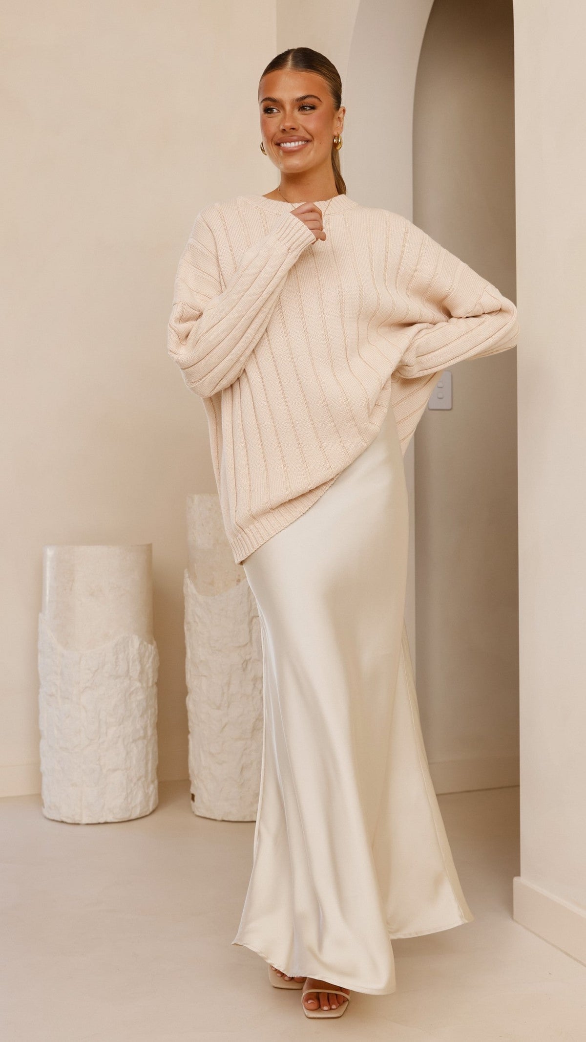 Naiva Oversized Wide Rib Crew Neck Cotton Jumper – Cream
