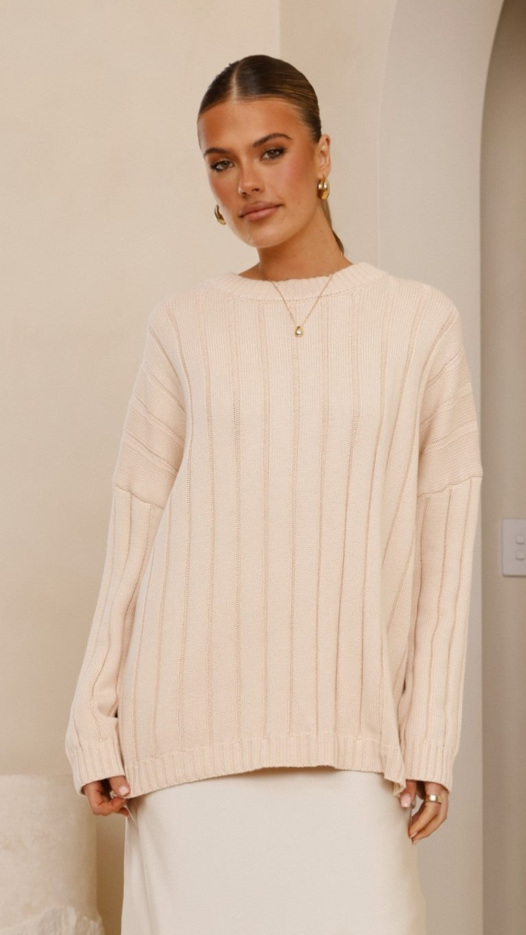 Naiva Oversized Wide Rib Crew Neck Cotton Jumper – Cream