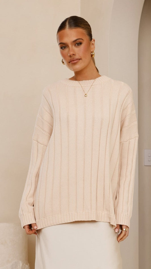 Naiva Oversized Wide Rib Crew Neck Cotton Jumper – Cream