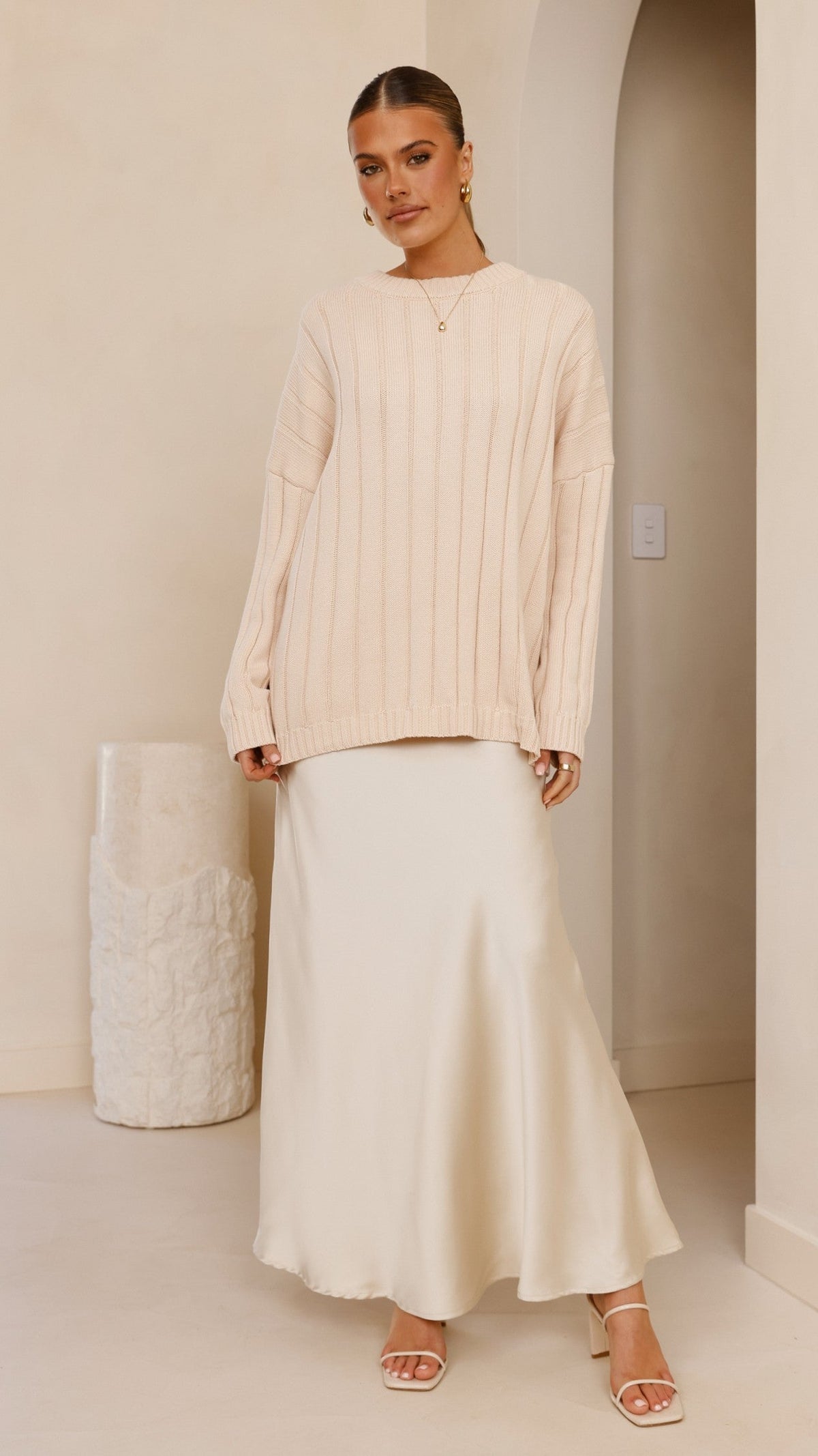 Naiva Oversized Wide Rib Crew Neck Cotton Jumper – Cream