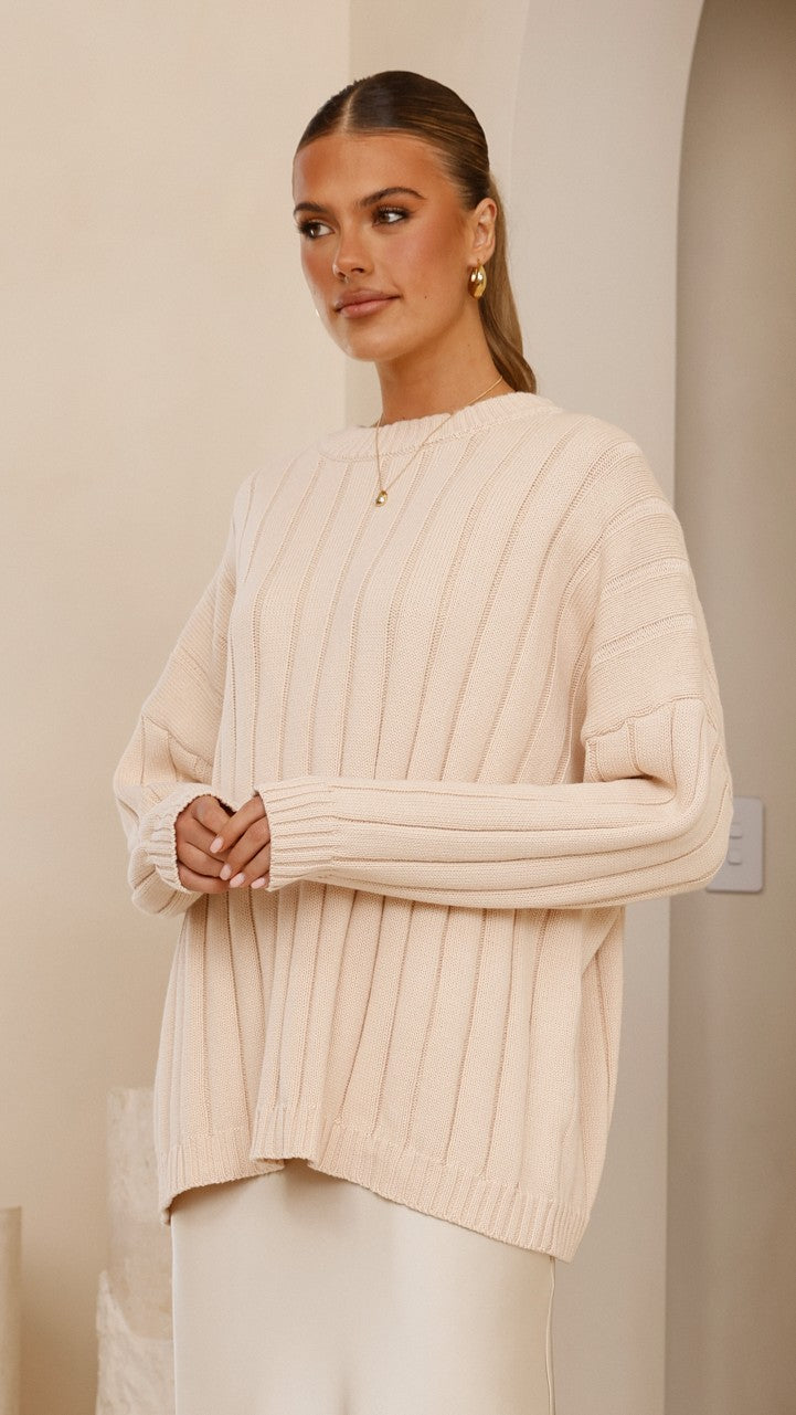 Naiva Oversized Wide Rib Crew Neck Cotton Jumper – Cream