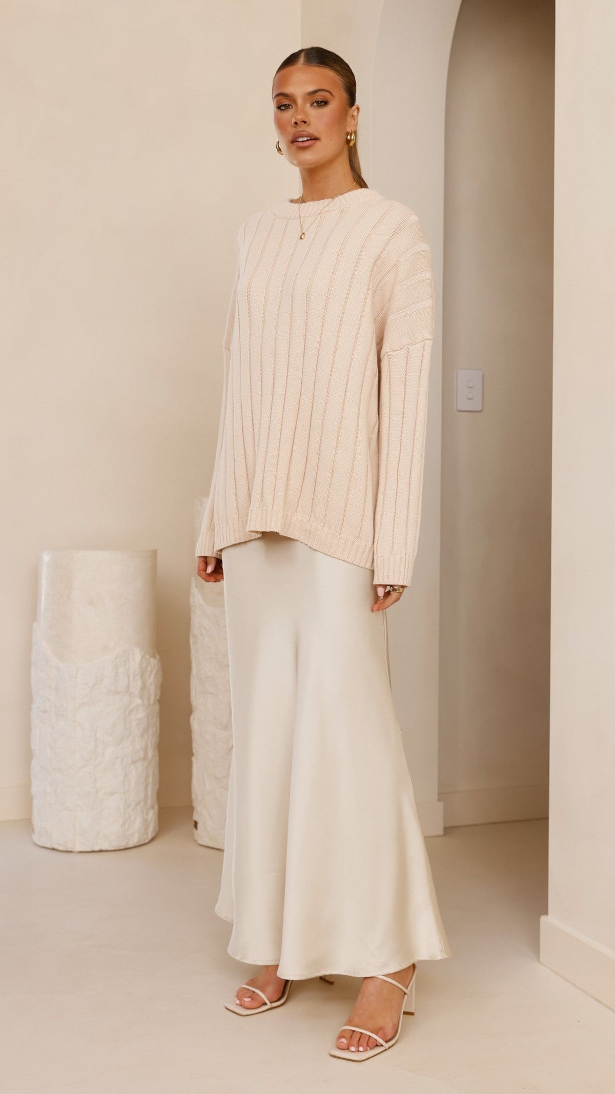 Naiva Oversized Wide Rib Crew Neck Cotton Jumper – Cream – view 9