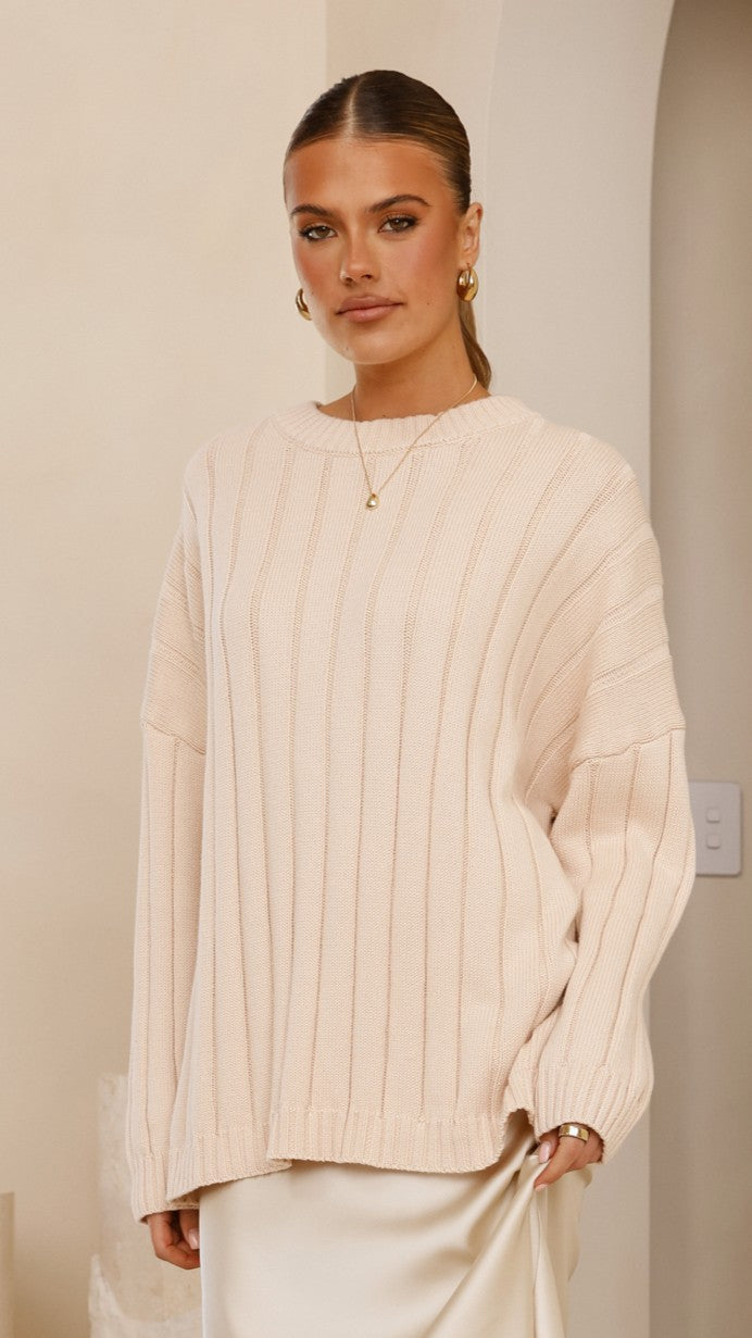 Naiva Oversized Wide Rib Crew Neck Cotton Jumper – Cream