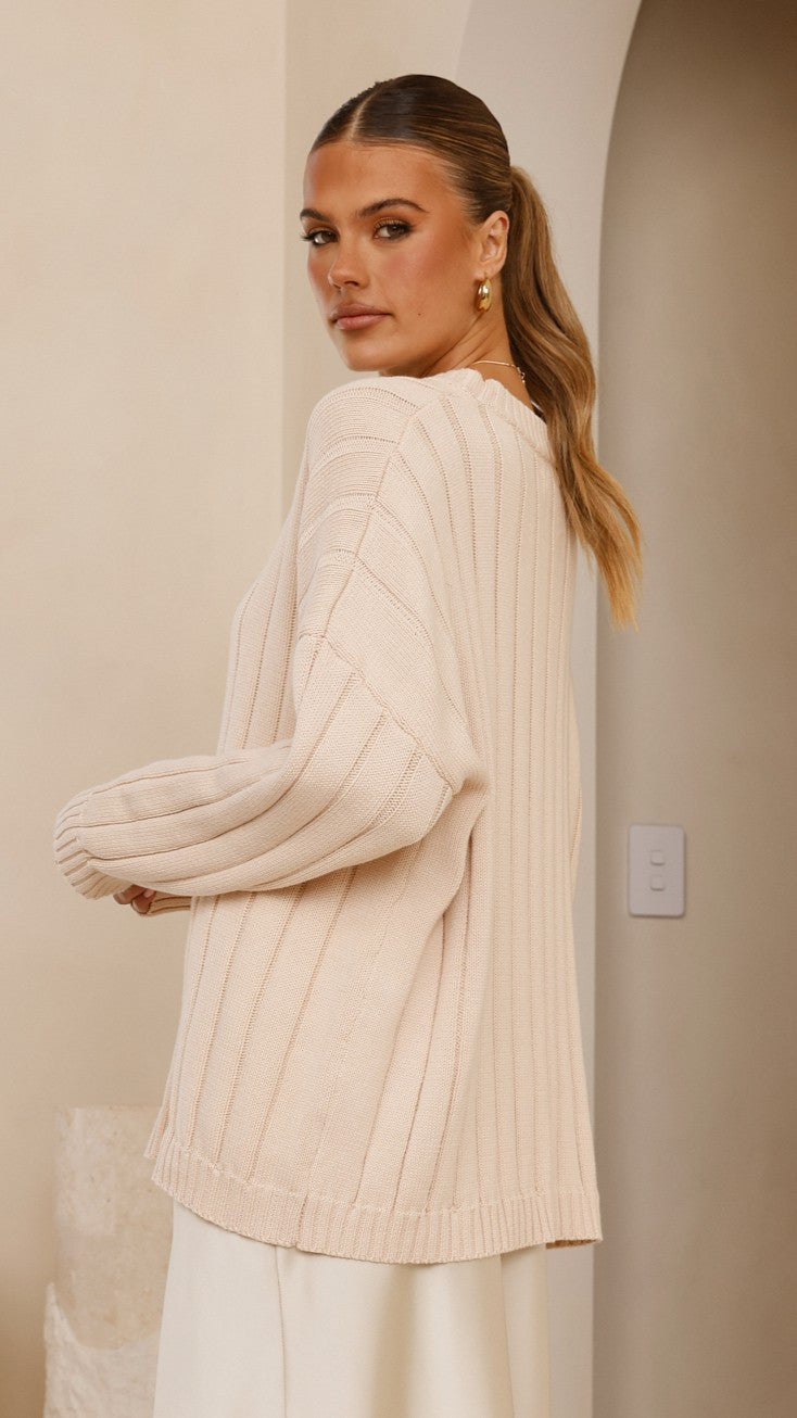 Naiva Oversized Wide Rib Crew Neck Cotton Jumper – Cream – view 2