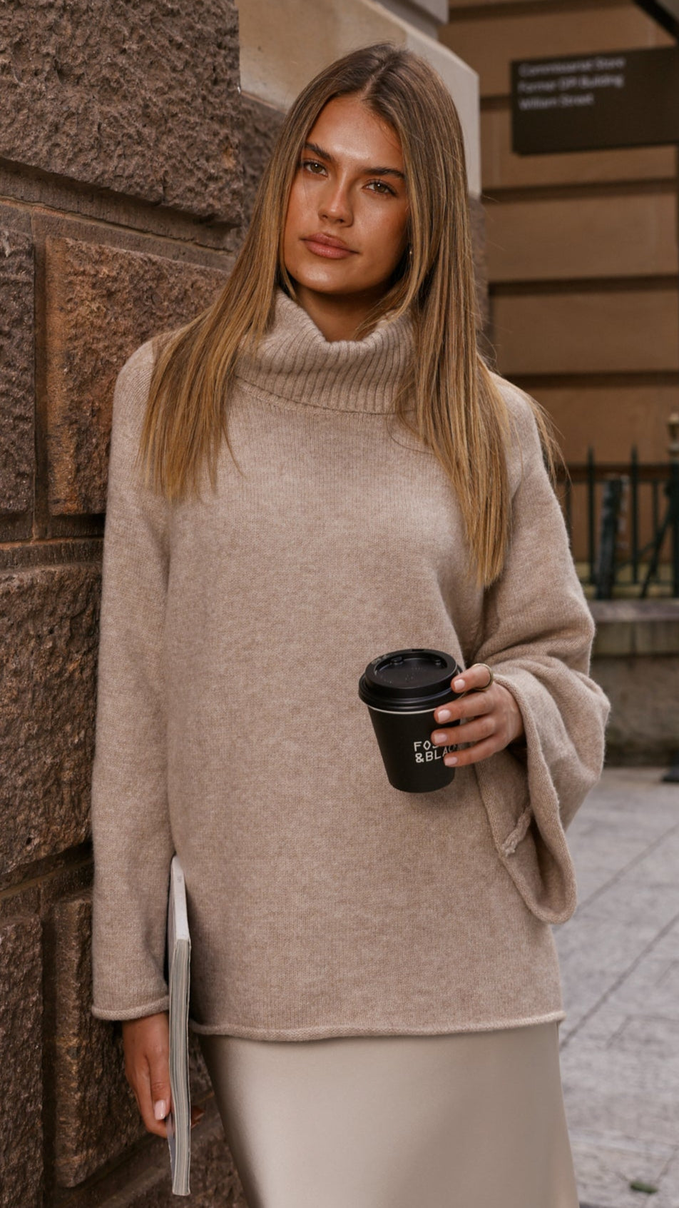 Jacques Ribbed Cowl Neck Wide Sleeve Knit Jumper – Oatmeal – view 1