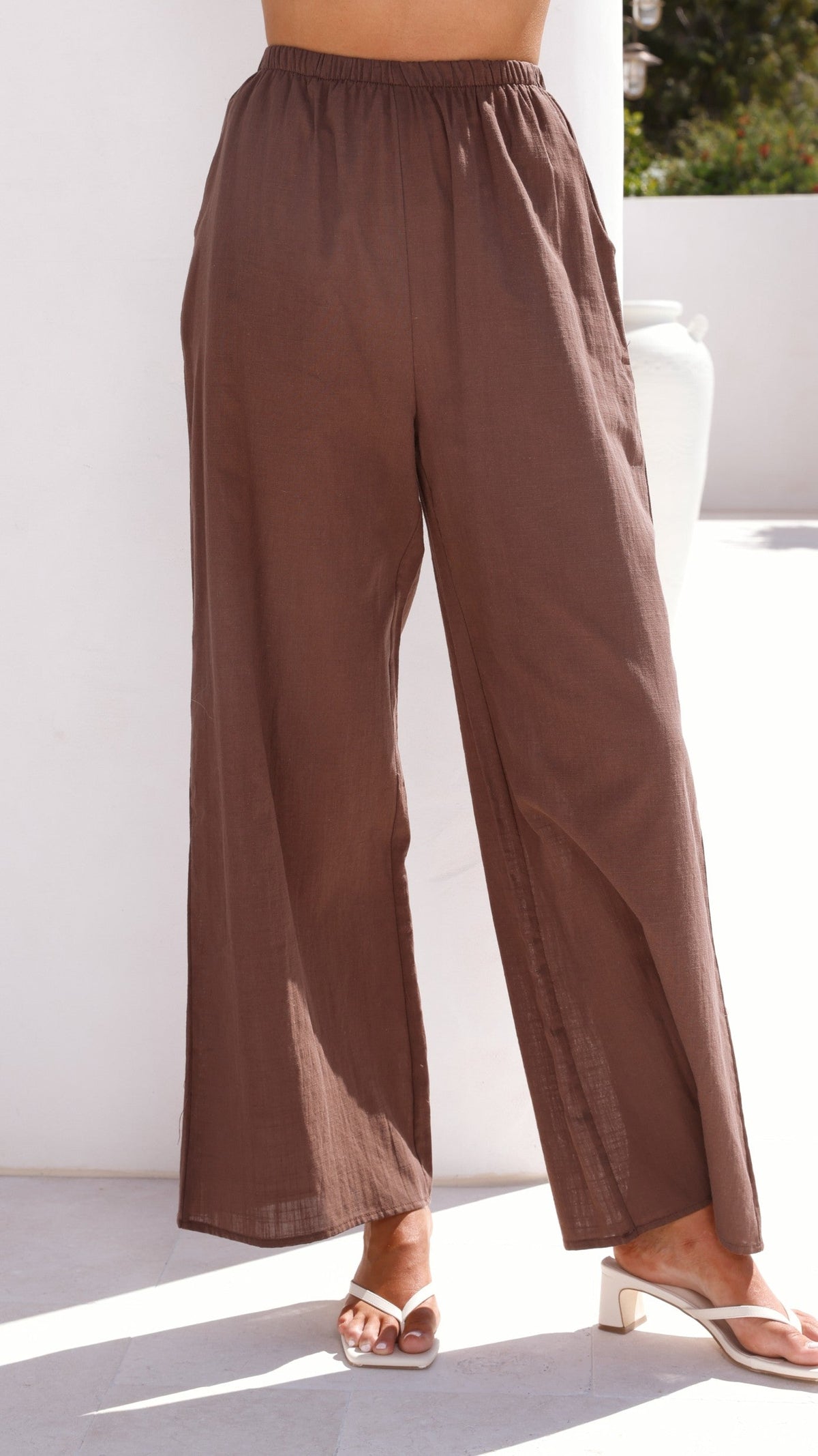Talia Strapless Tie-Front Linen Blend Top and Wide Leg Trousers Set – Brown – view 3