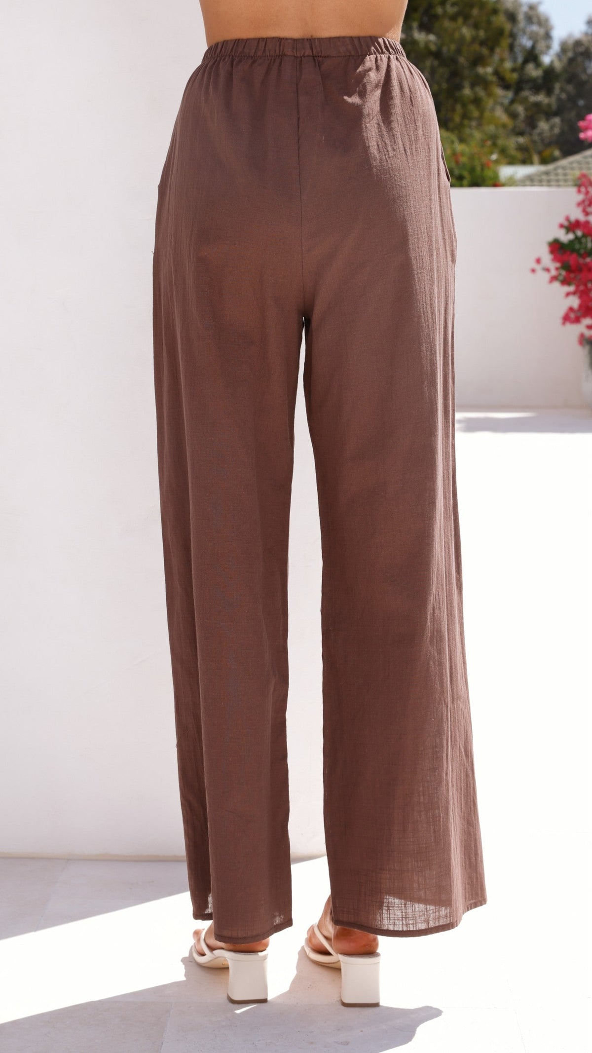 Talia Strapless Tie-Front Linen Blend Top and Wide Leg Trousers Set – Brown – view 8
