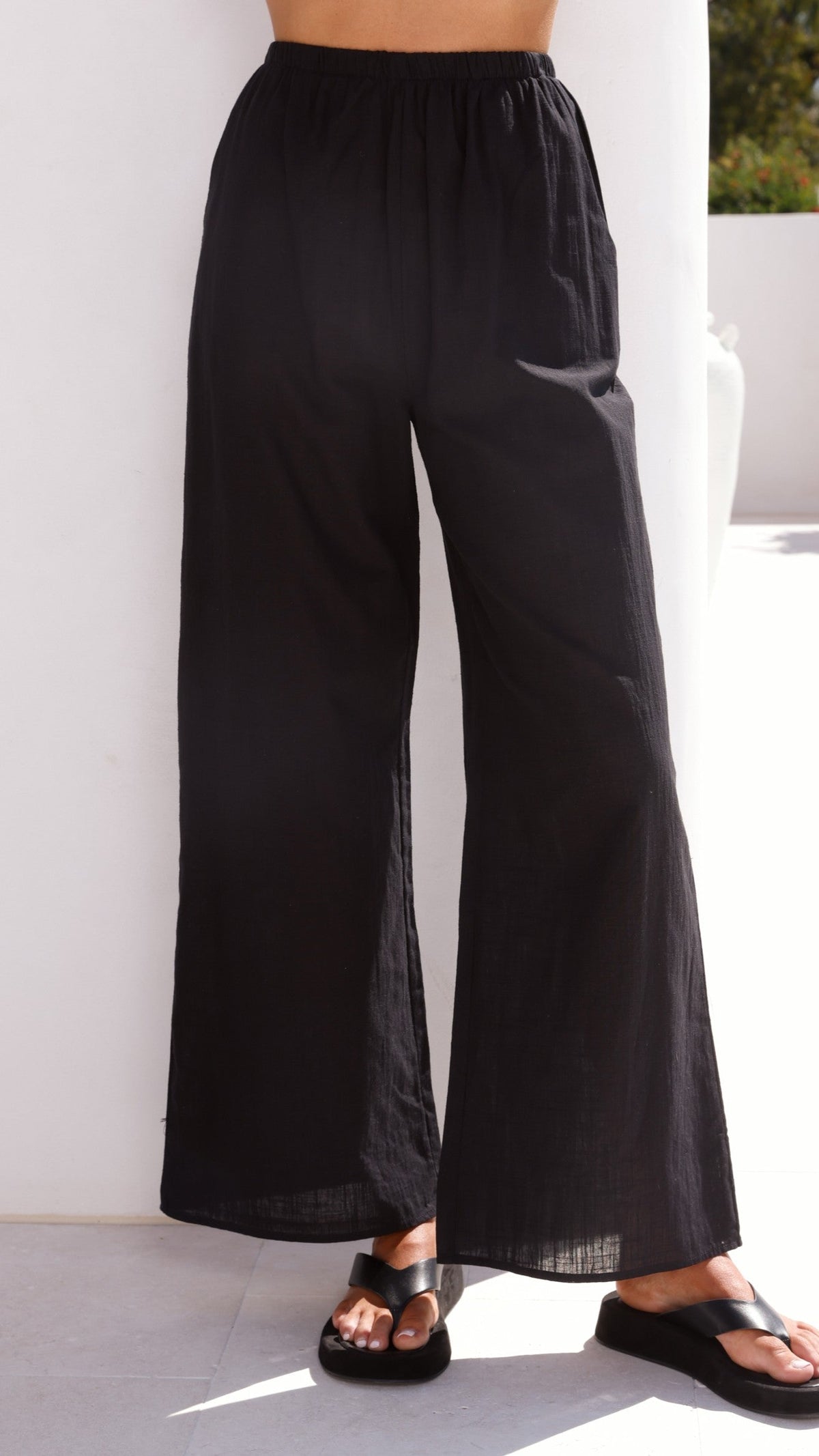 Talia Strapless Tie-Front Linen Blend Top and Wide Leg Trousers Set – Black – view 3