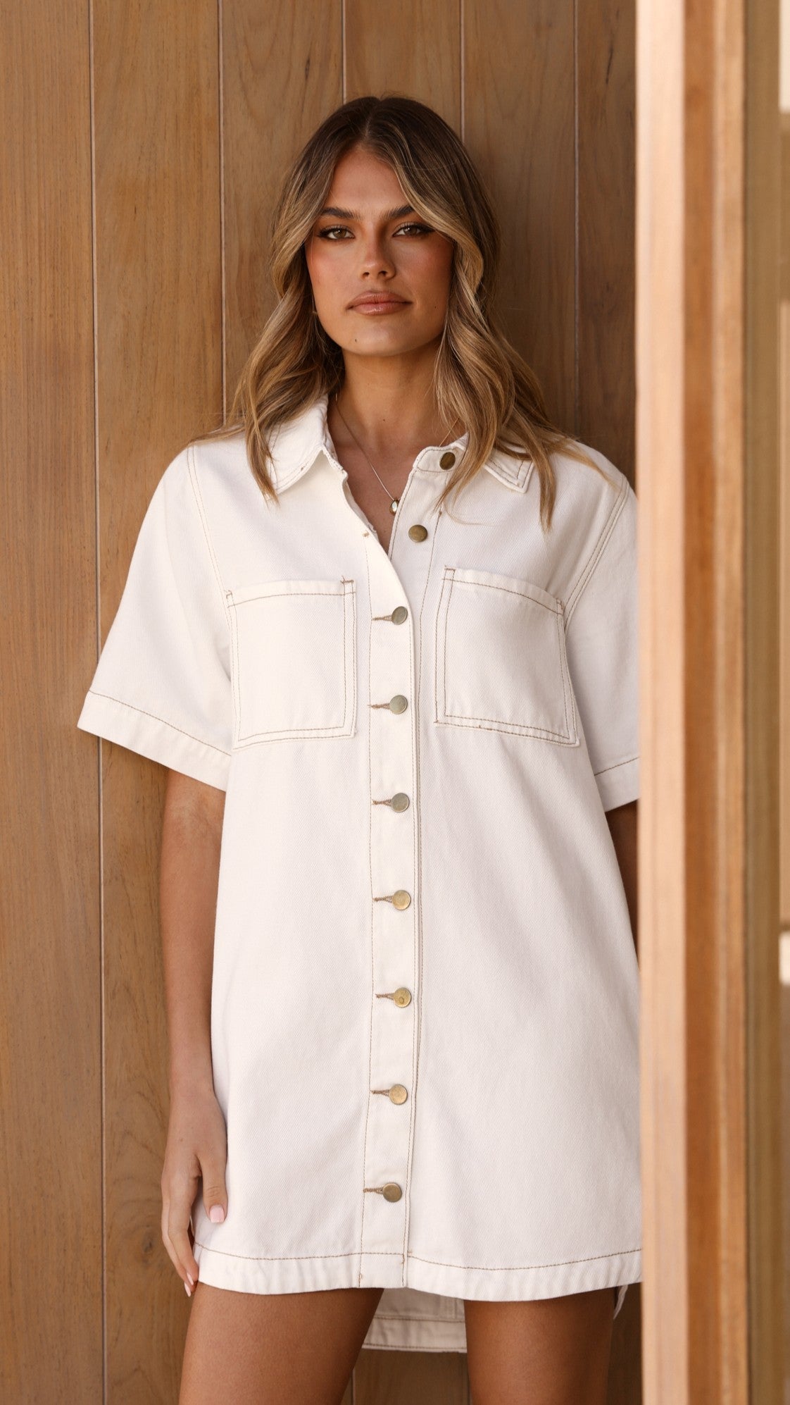 Rayna Button-Down Denim Mini Dress with Bust Pockets – White – view 5