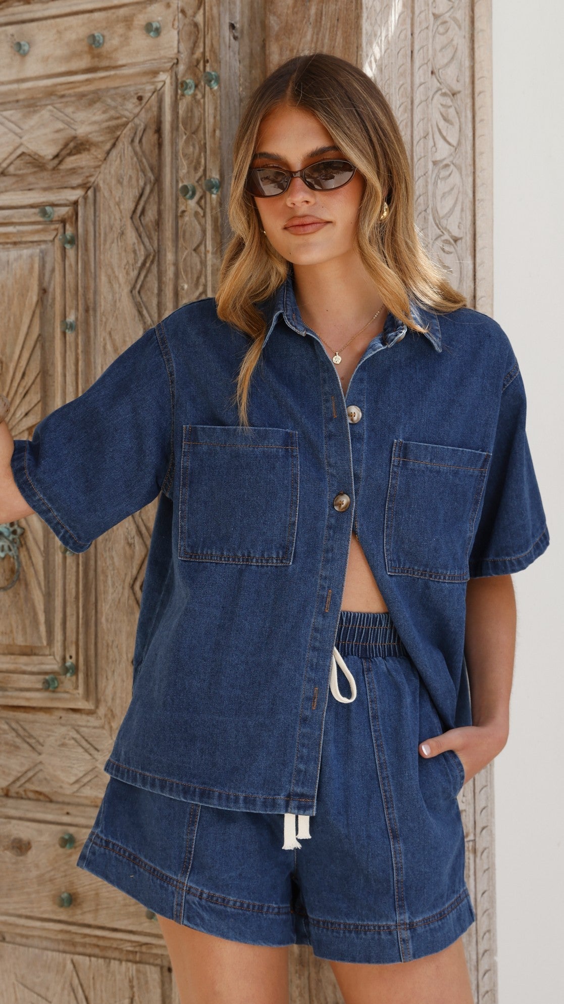 Adia Collared Button-Up Shirt and Tie Waist Shorts Set – Dark Denim – view 7