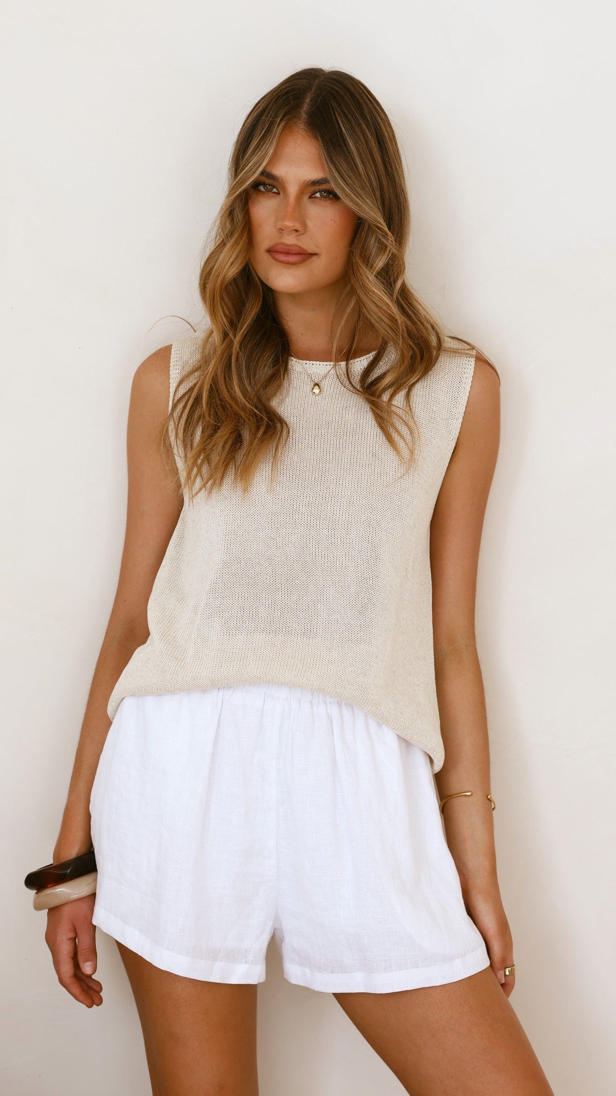 Fareeda Crew Neck Semi-Sheer Knitted Tank Top – Natural – view 9