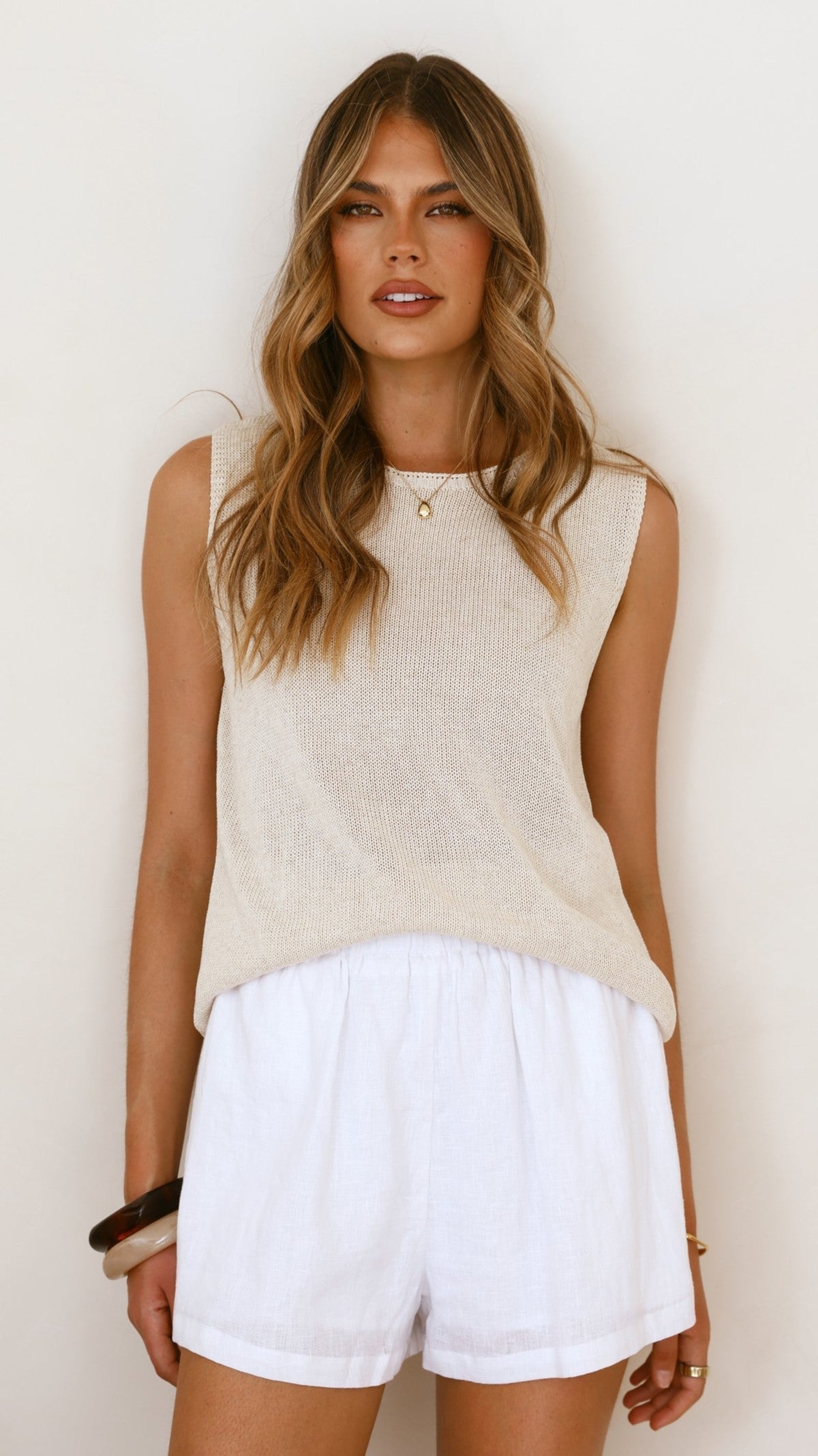 Fareeda Crew Neck Semi-Sheer Knitted Tank Top – Natural – view 1