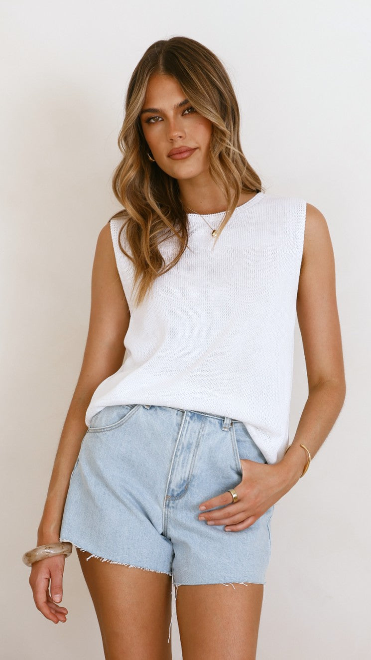 Fareeda Semi-Sheer Knit Tank with Crew Neck – White – view 1