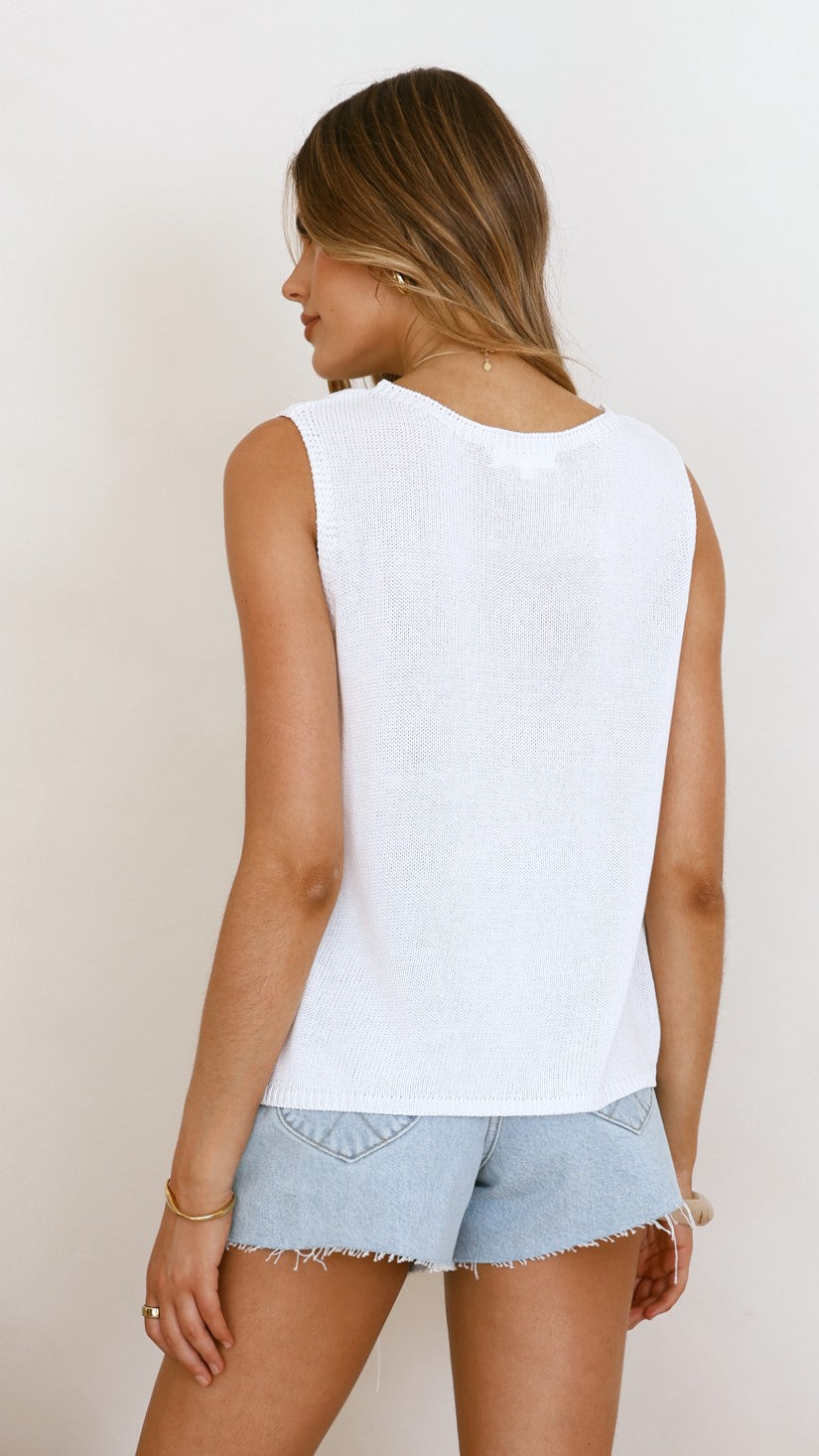Fareeda Semi-Sheer Knit Tank with Crew Neck – White
