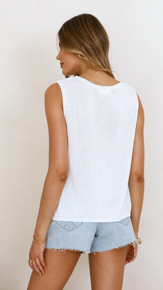 Fareeda Semi-Sheer Knit Tank with Crew Neck – White