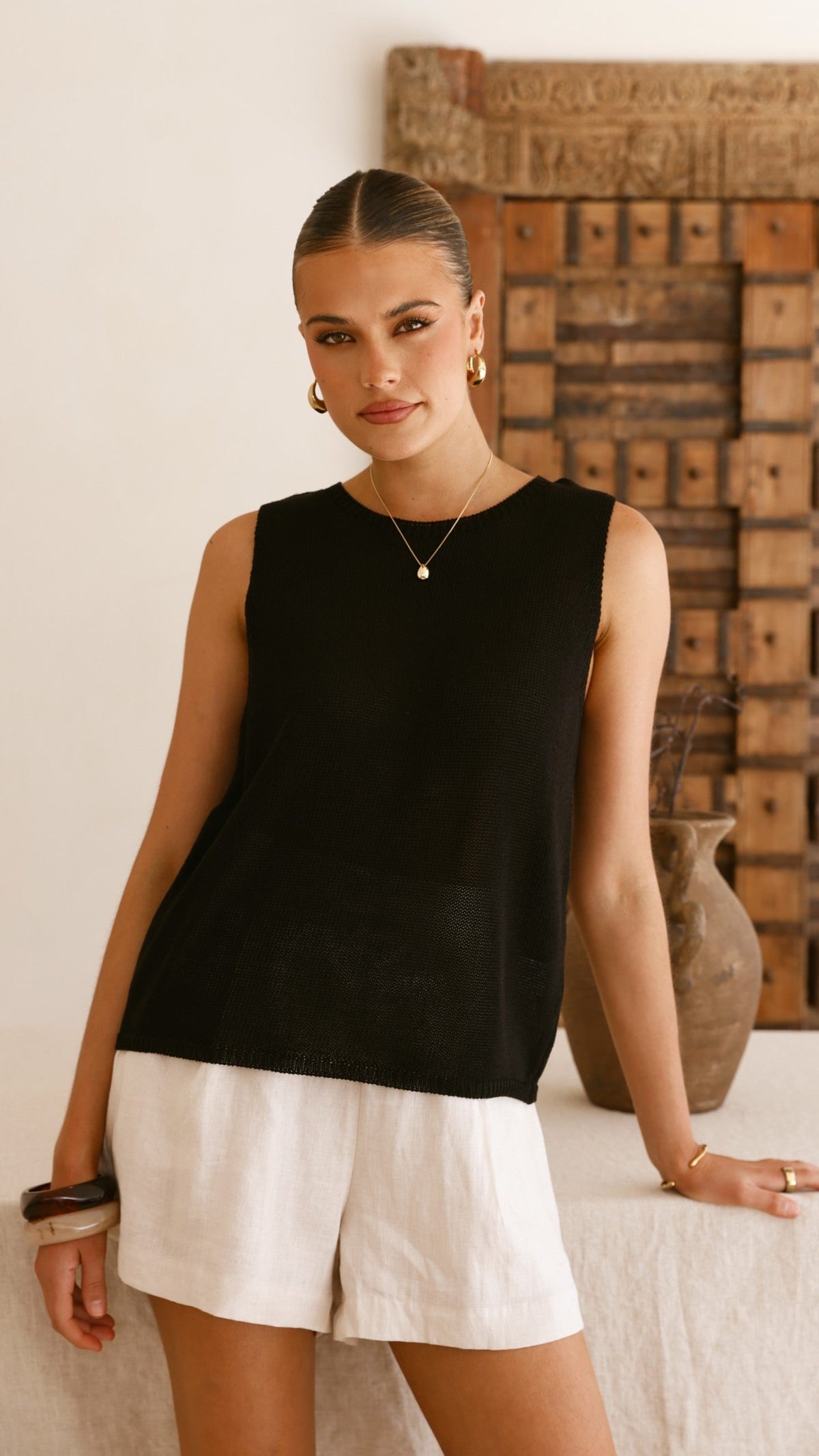 Fareeda Semi-Sheer Crew Neck Knit Tank Top – Black