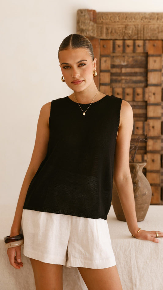 Fareeda Semi-Sheer Crew Neck Knit Tank Top – Black