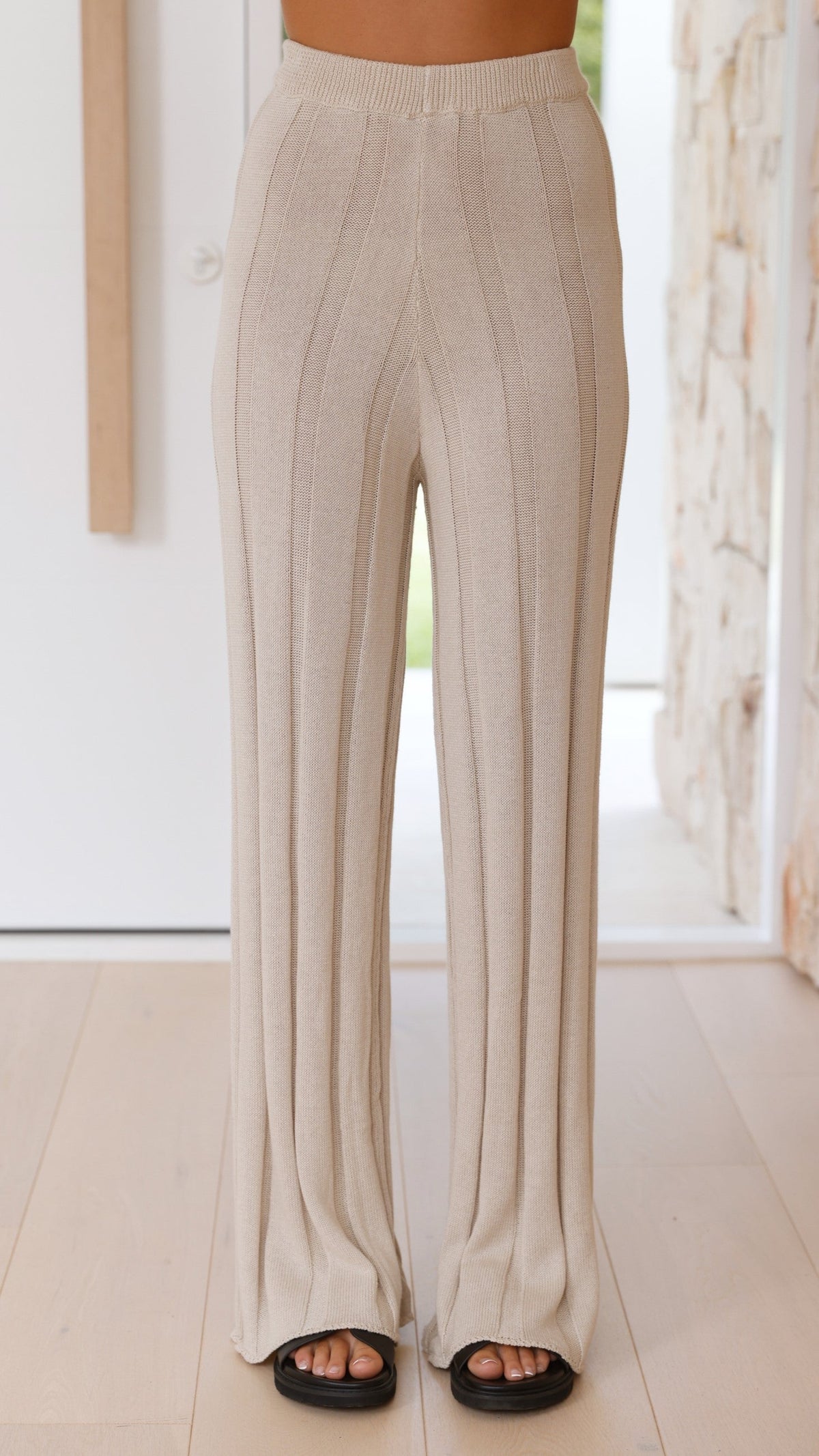 Bayu High Waisted Ribbed Knit Wide Leg Trousers – Cream – view 3